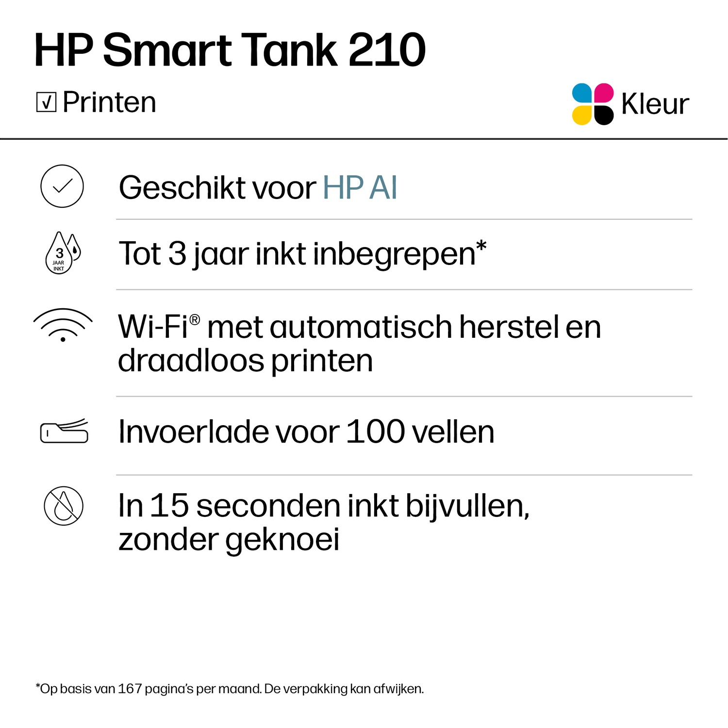 Product features of HP Smart Tank 210 with icons and text describing print, ink, Wi-Fi, and capacity.