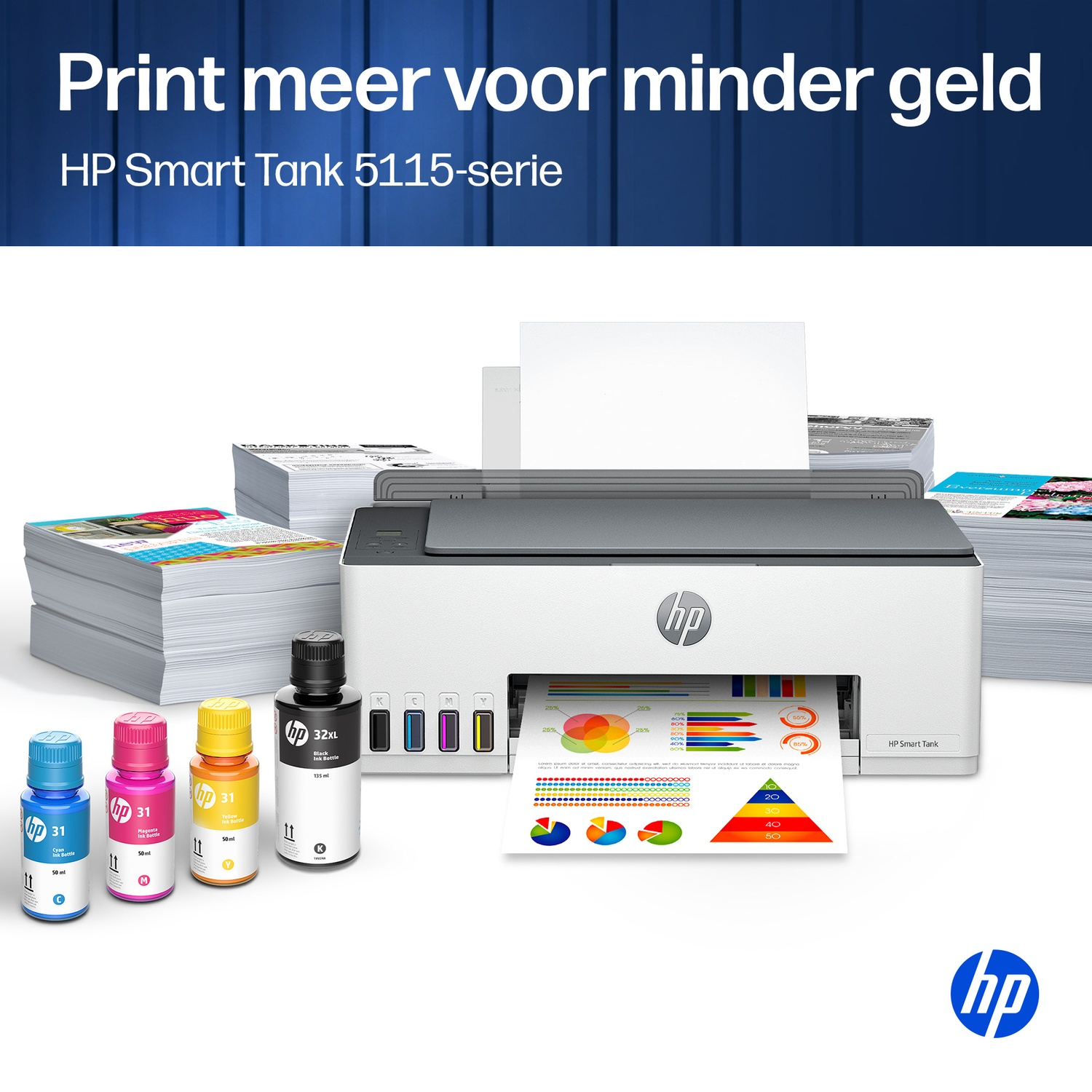 An HP Smart Tank 5115 printer with ink bottles and stacks of printed paper in front of a blue background.