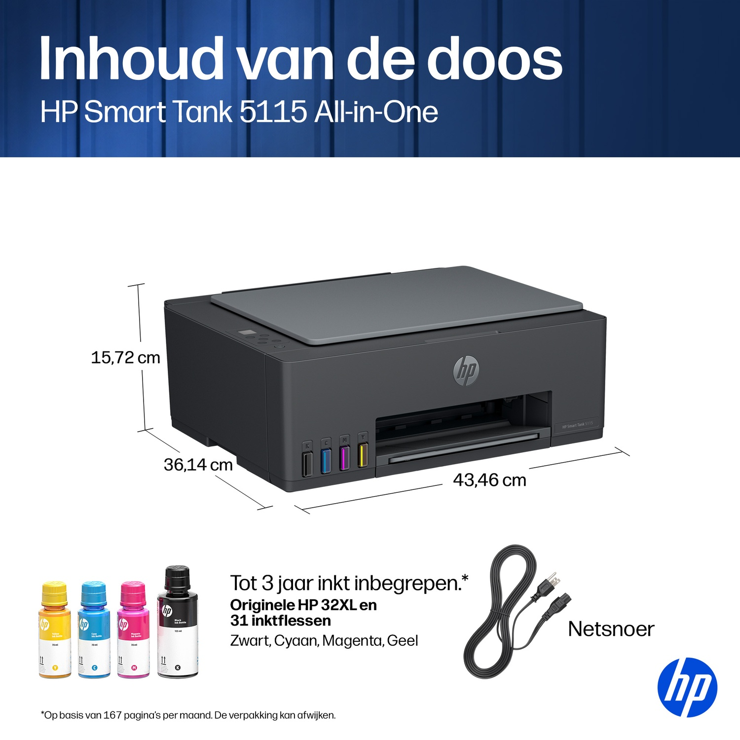 HP Smart Tank 5115 printer with dimensions, ink bottles, and power cord.