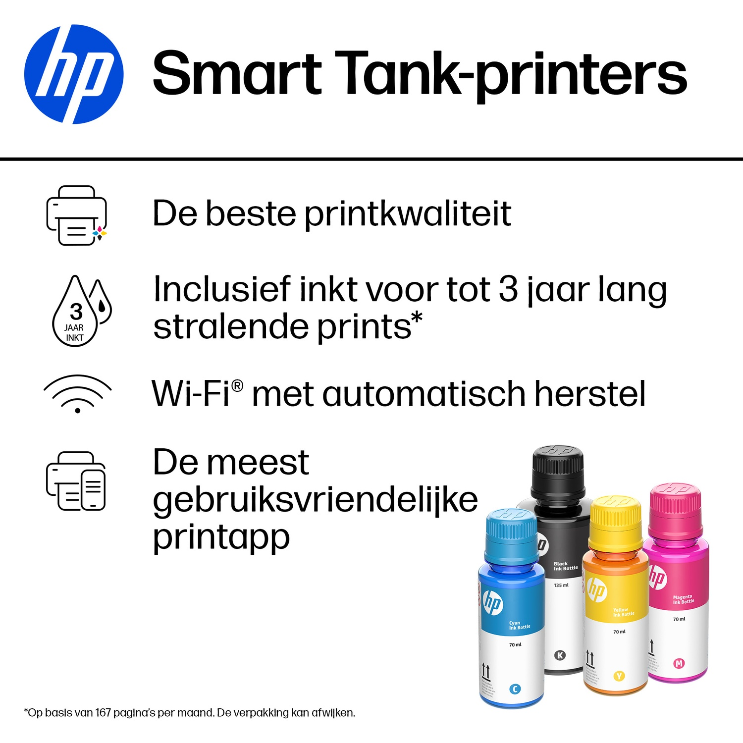 An HP advertisement highlighting Smart Tank printers with four colorful ink bottles in the bottom right corner.