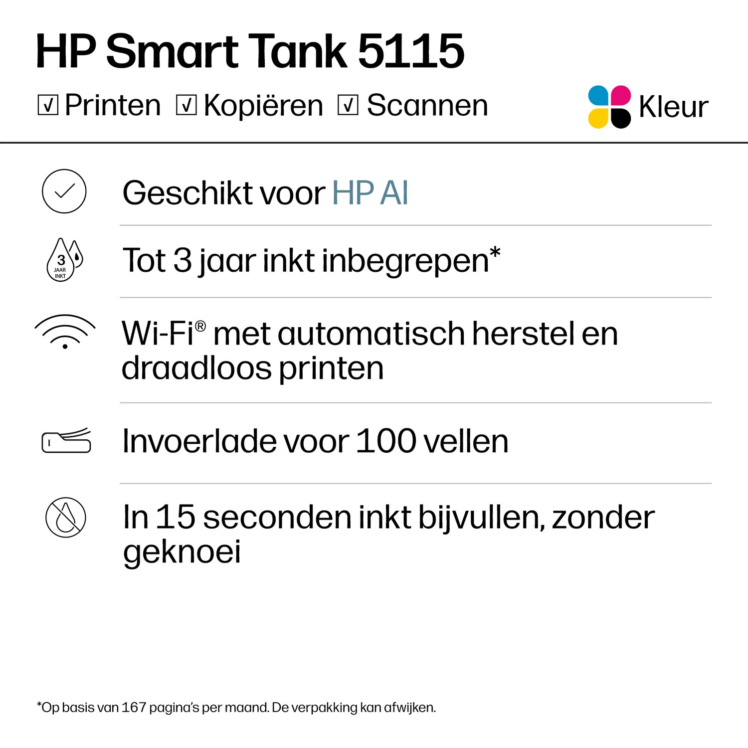 HP Smart Tank 5115 product overview with print, scan, and wireless features.