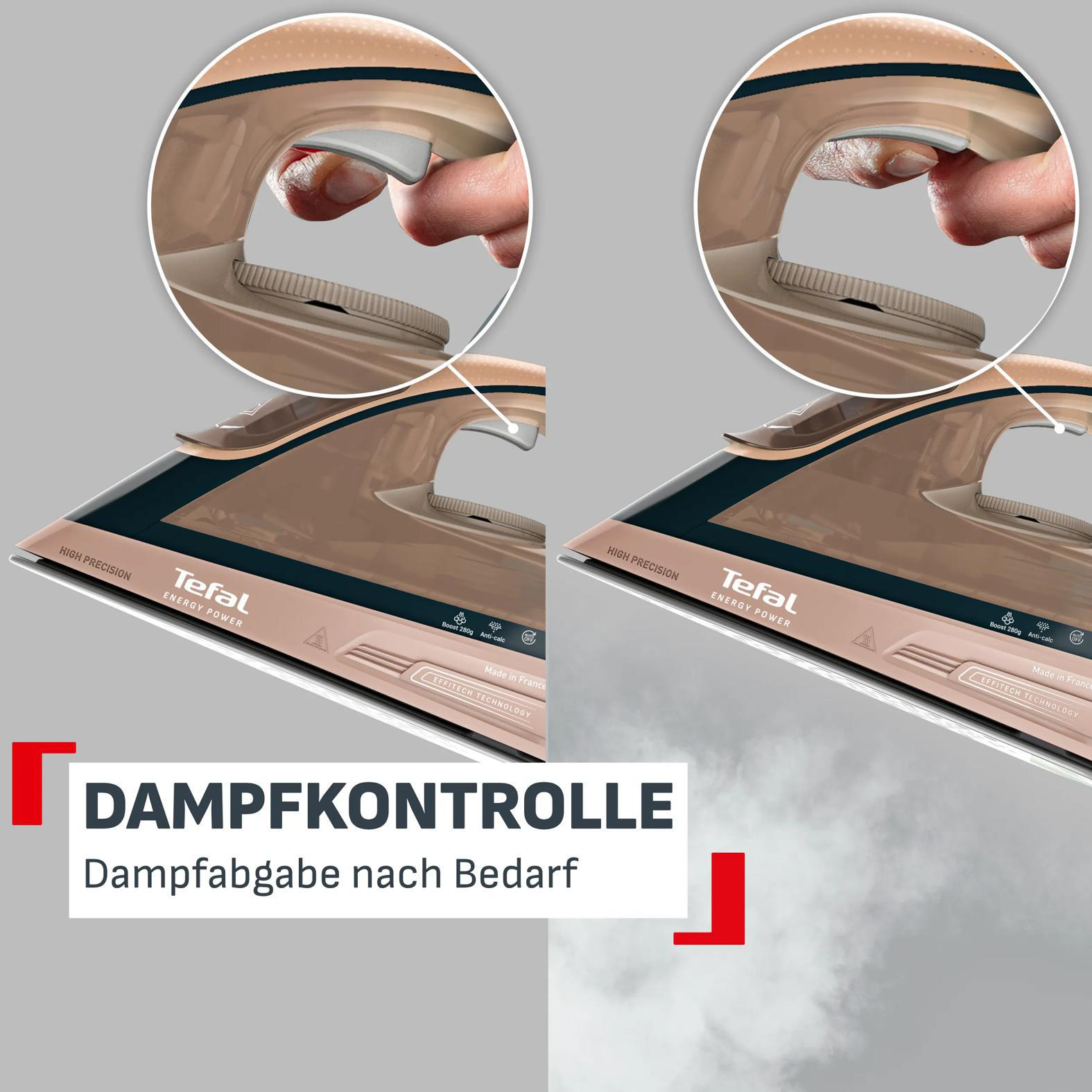 Ein Tefal Bügeleisen zeigt die Dampfkontrolle mit Dampfabgabe nach Bedarf in einer geteilten Ansicht.
