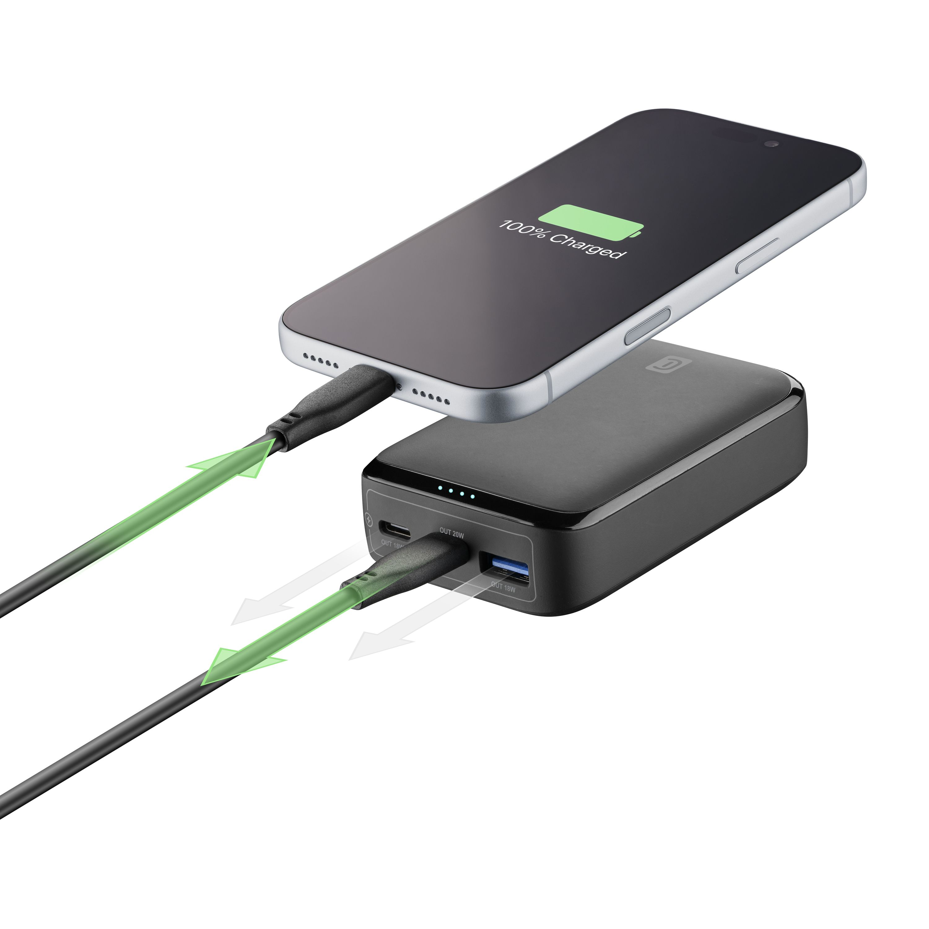 Bir akıllı telefon siyah bir powerbankten şarj oluyor, yeşil oklar akışı gösteriyor.