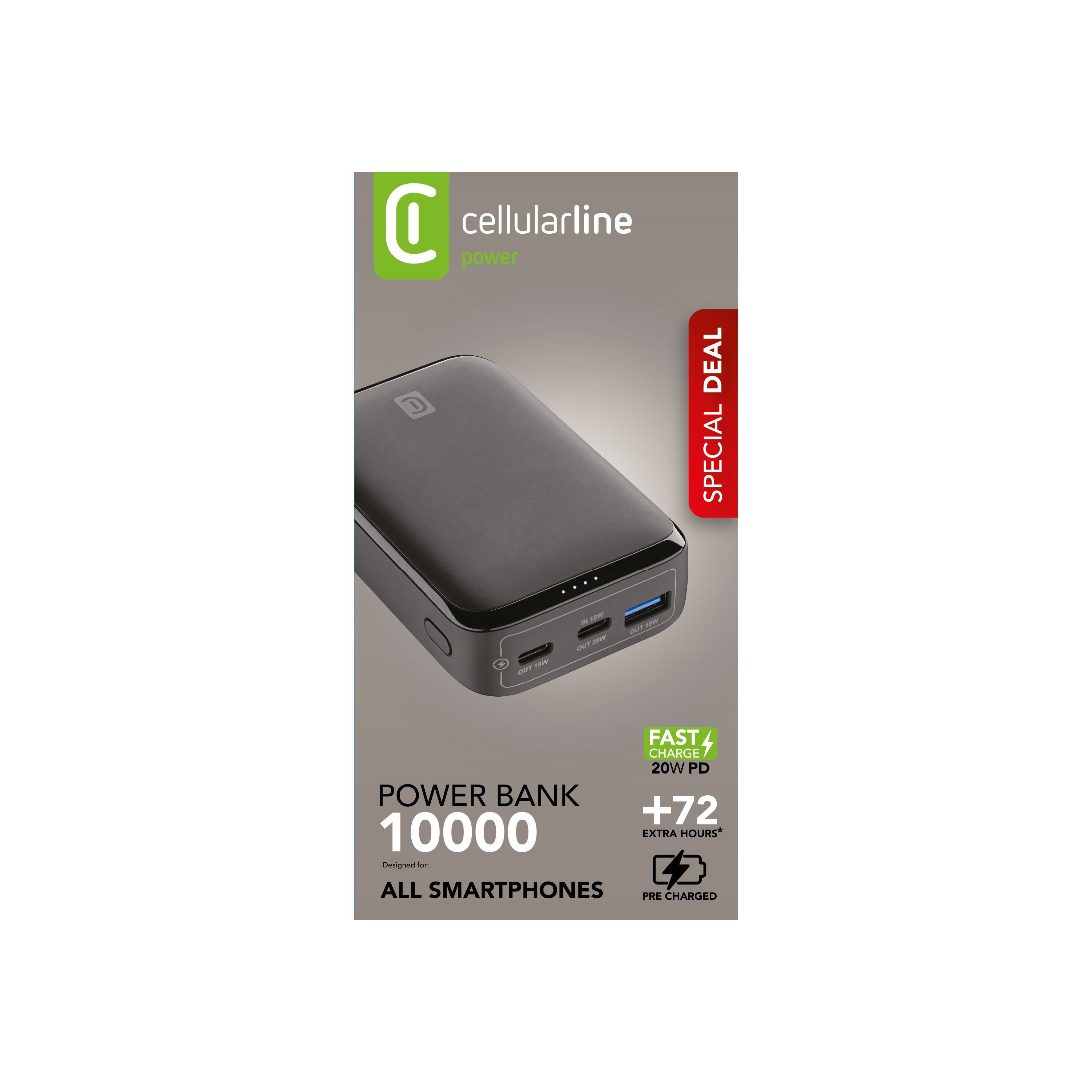 Metinli gri ambalaj üzerinde bağlantı noktalarına sahip siyah Cellularline 10000mAh powerbank.