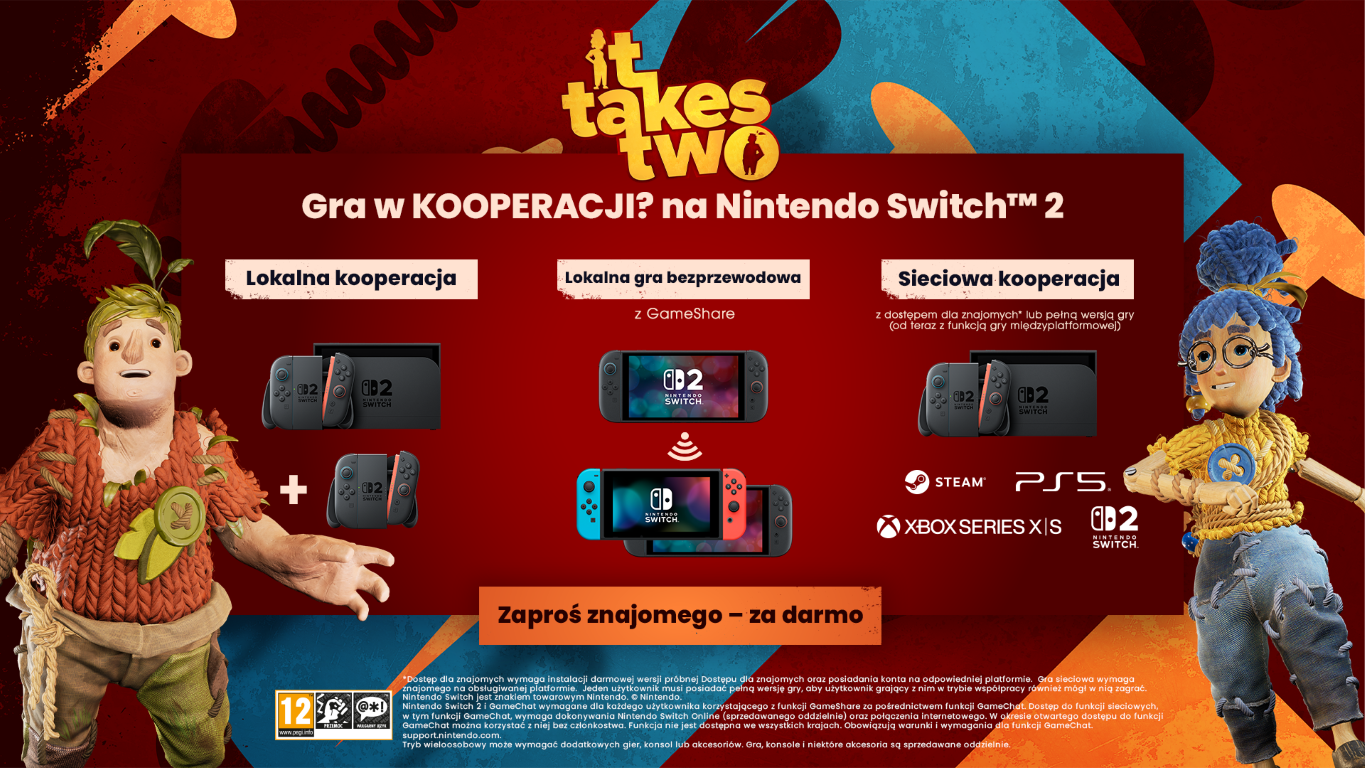 Grafika promocyjna It Takes Two na Nintendo Switch 2 z dwiema postaciami i trybami kooperacji.