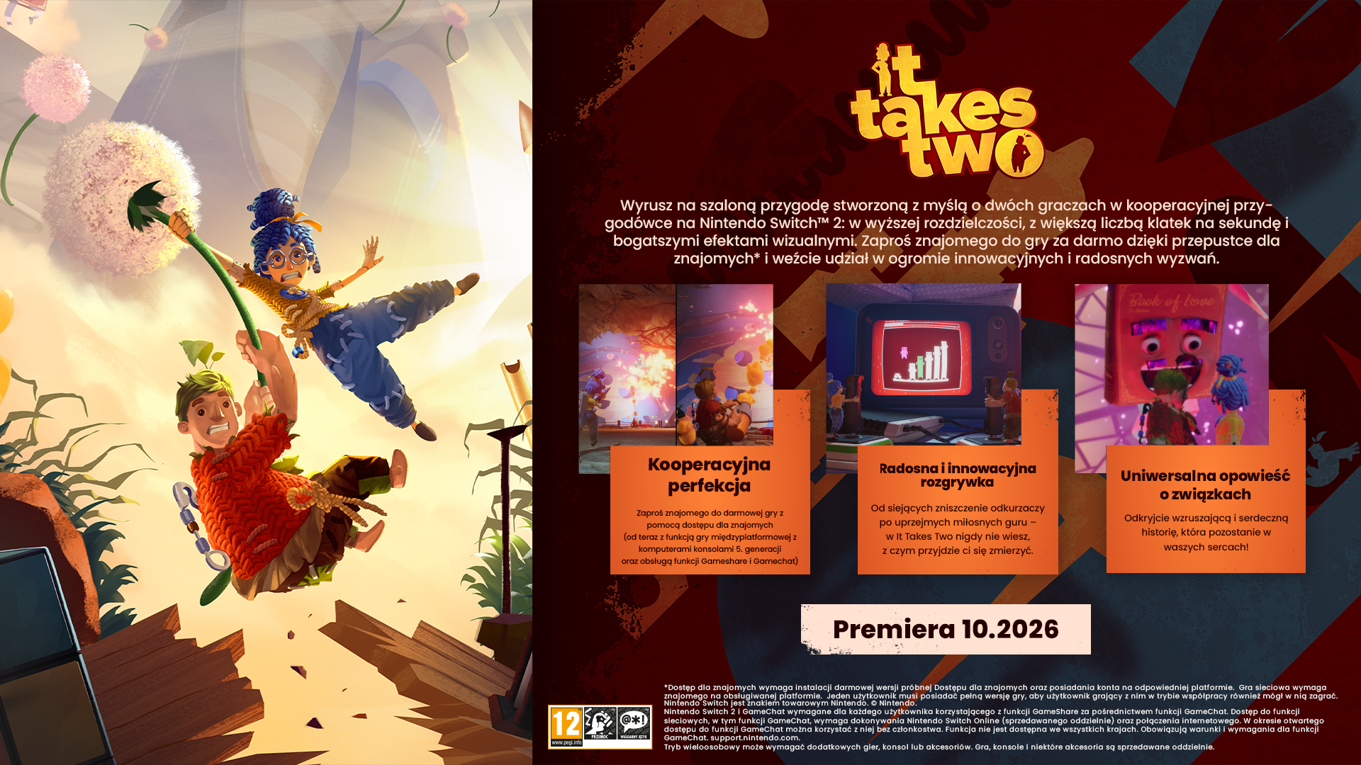 Obraz promocyjny gry It Takes Two na Nintendo Switch z postaciami, zrzutami ekranu z rozgrywki i datą premiery w październiku 2026.