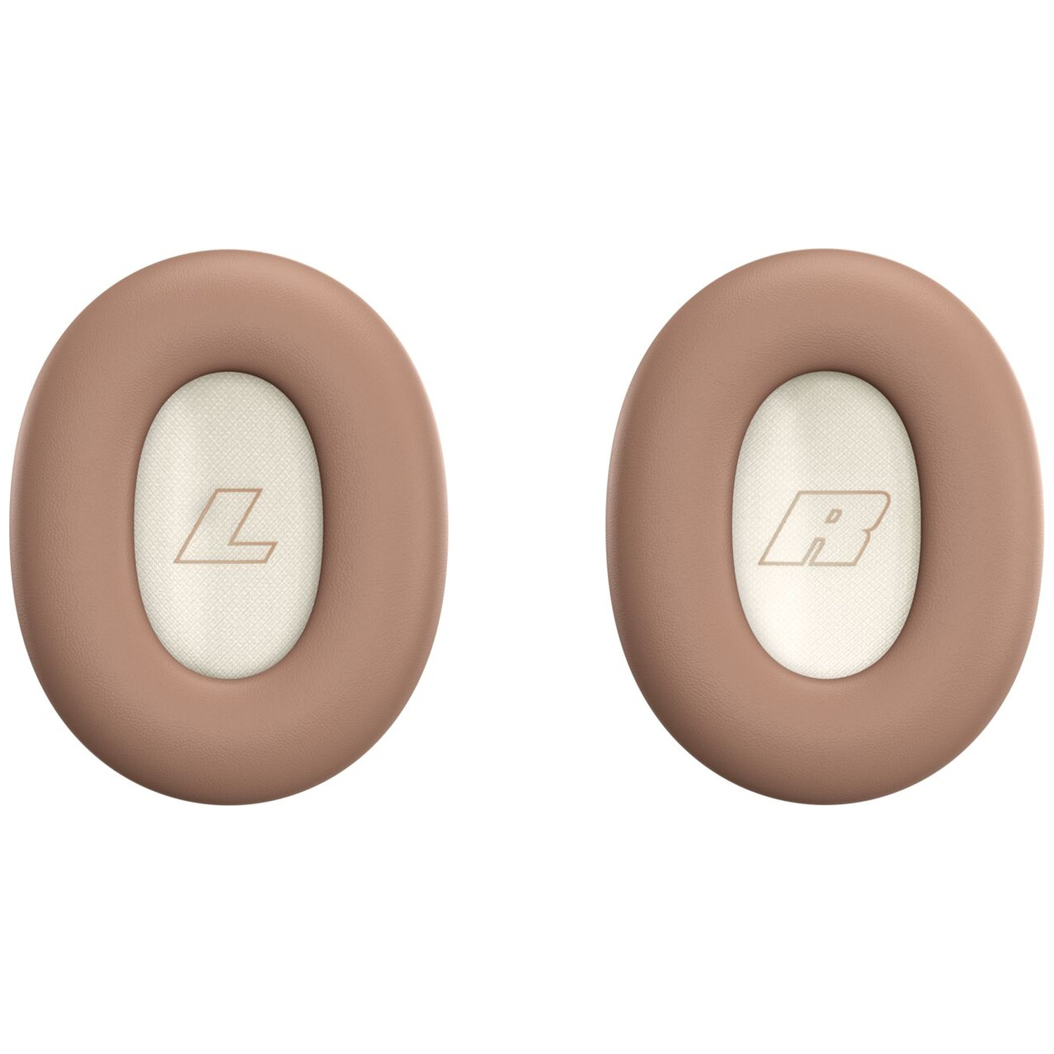 Two brown headphone ear cushions with white inner fabric, marked with L and R on a white background.