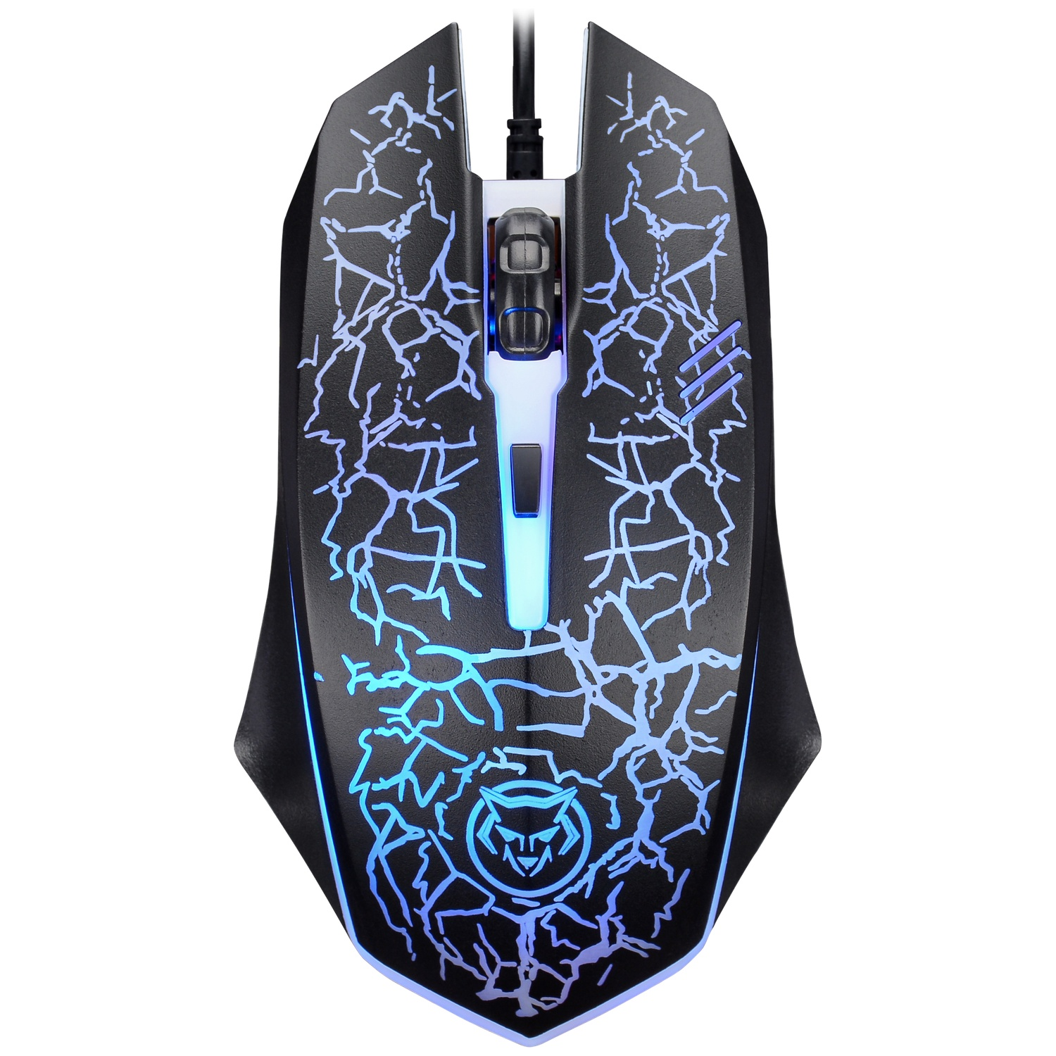 Black gaming mouse with blue lightning patterns, RGB lighting, and a wolf logo at the bottom against a white background.