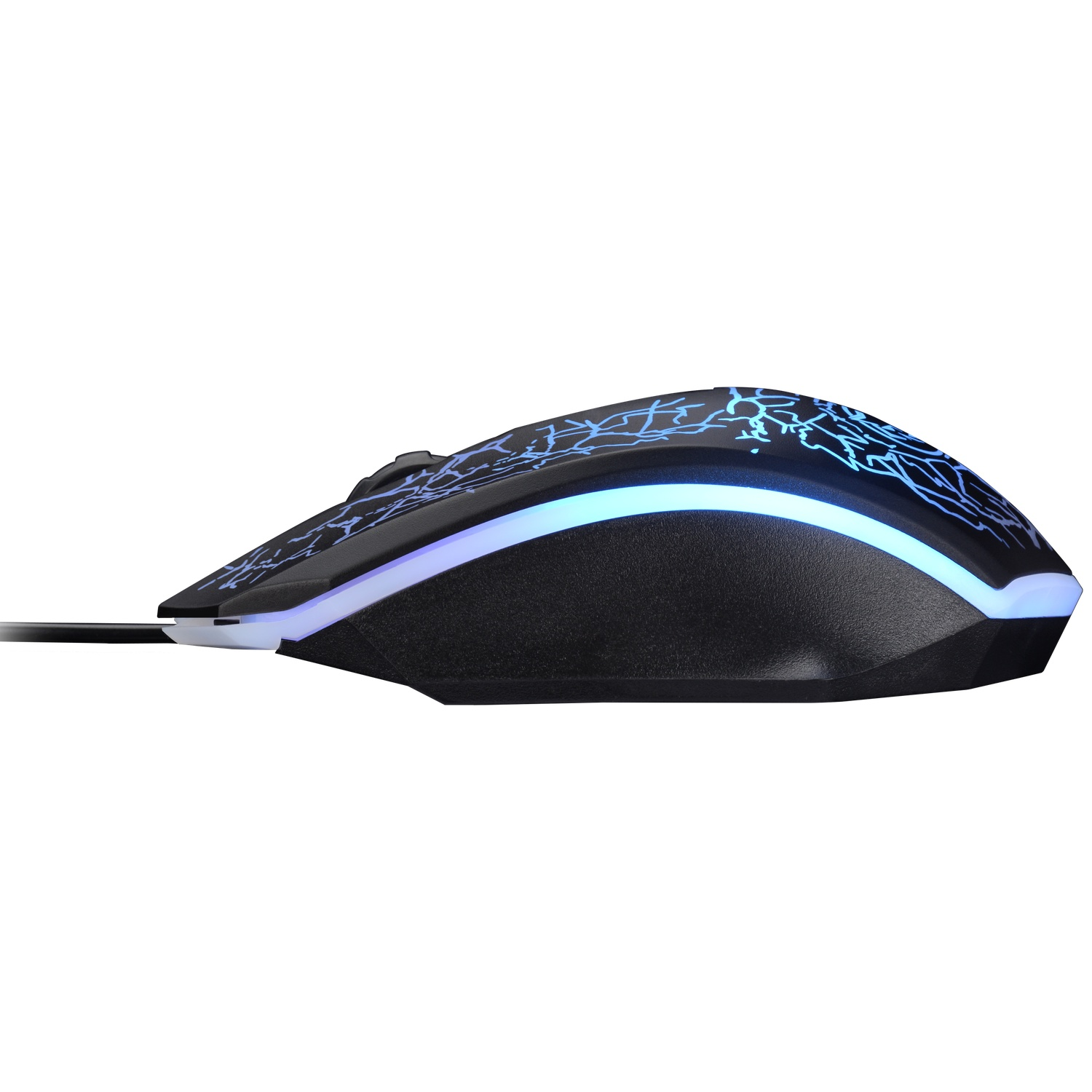 A black wired gaming mouse with blue glowing light patterns against a white background.
