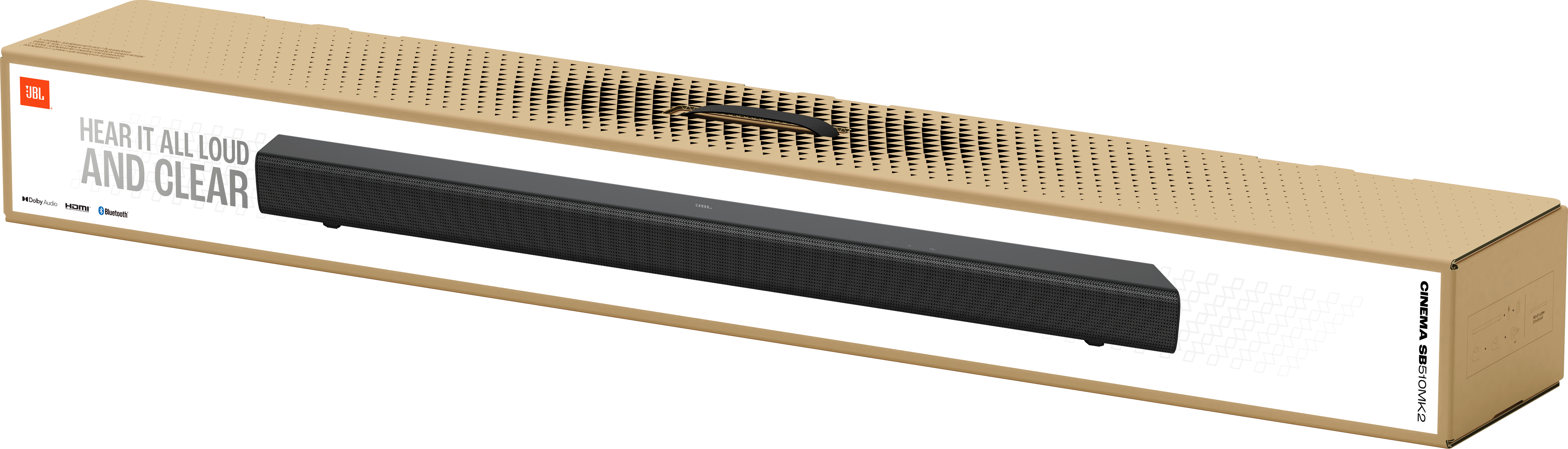 Une barre de son JBL Cinema SB510 MK2 dans son long carton d'emballage.