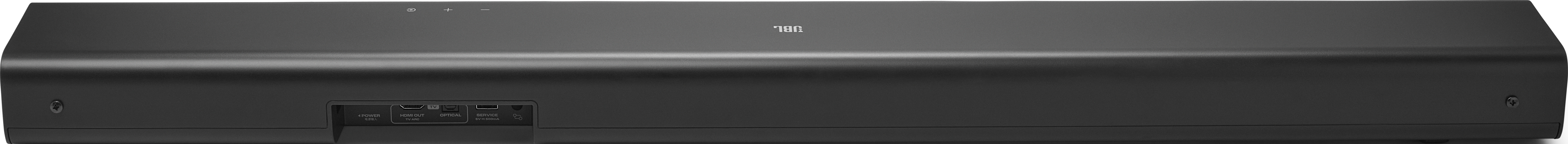 Vue arrière d'une barre de son JBL noire avec ports d'alimentation, HDMI et optiques, et des vis aux extrémités.