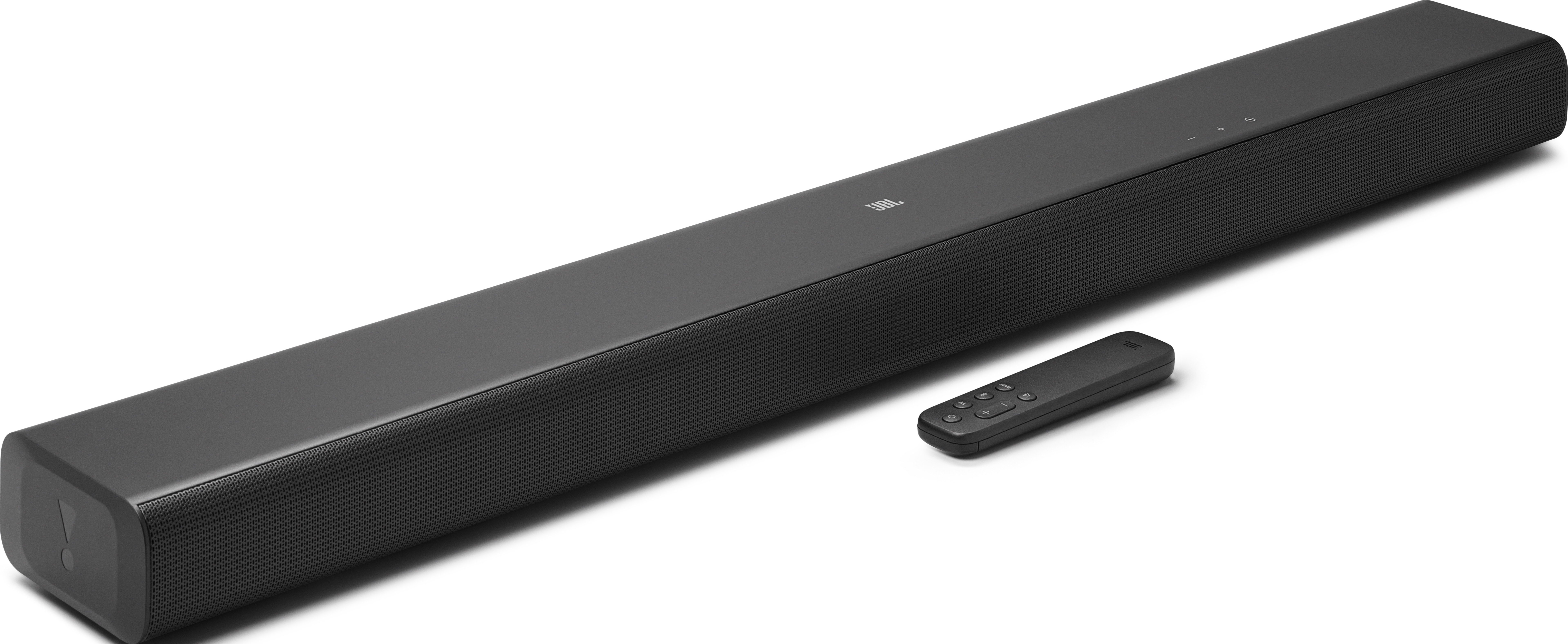 Une longue barre de son JBL noire est présentée avec une petite télécommande sur fond blanc.