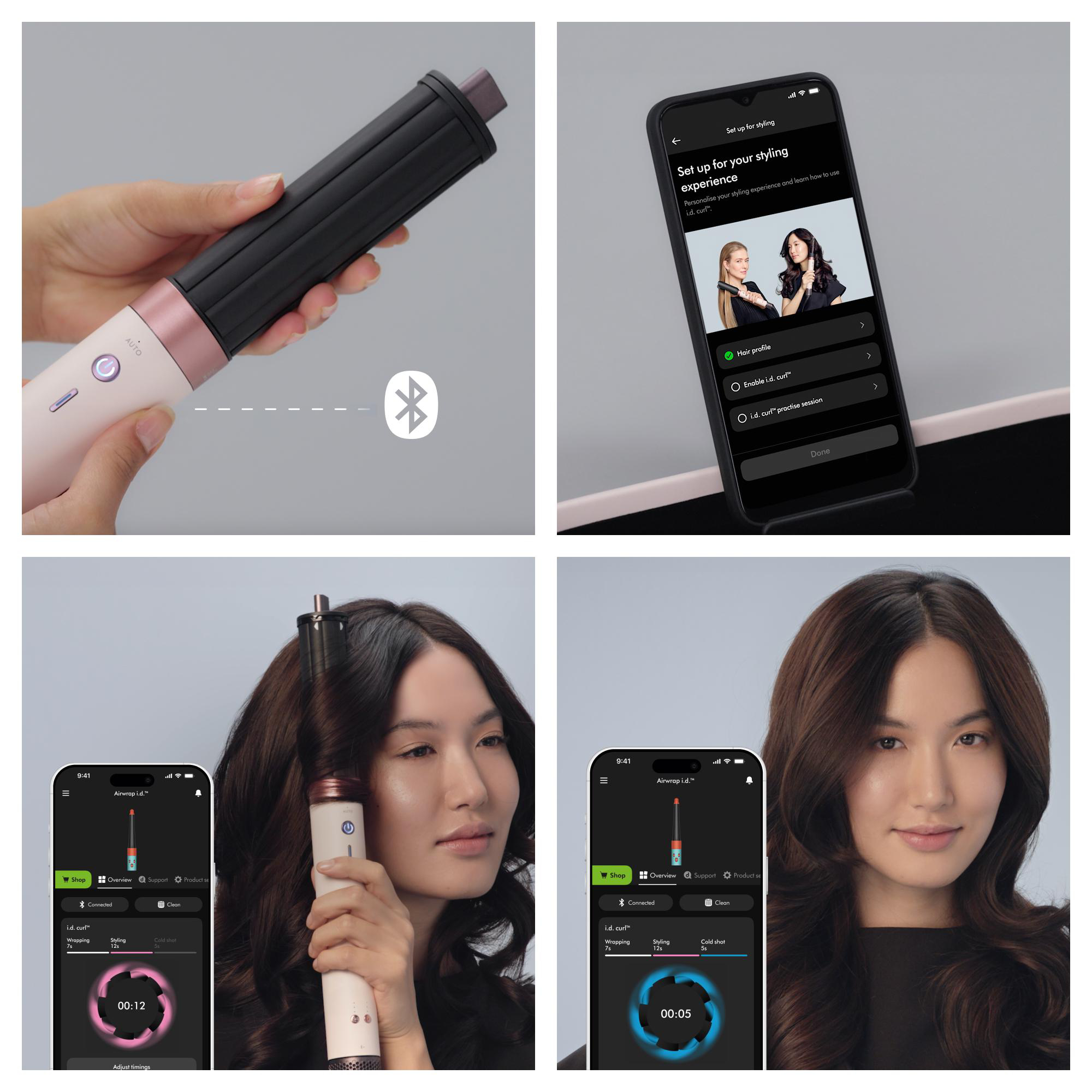 Ein Styler verbindet sich via Bluetooth mit einer App, während eine Frau ihre Haare stylt.