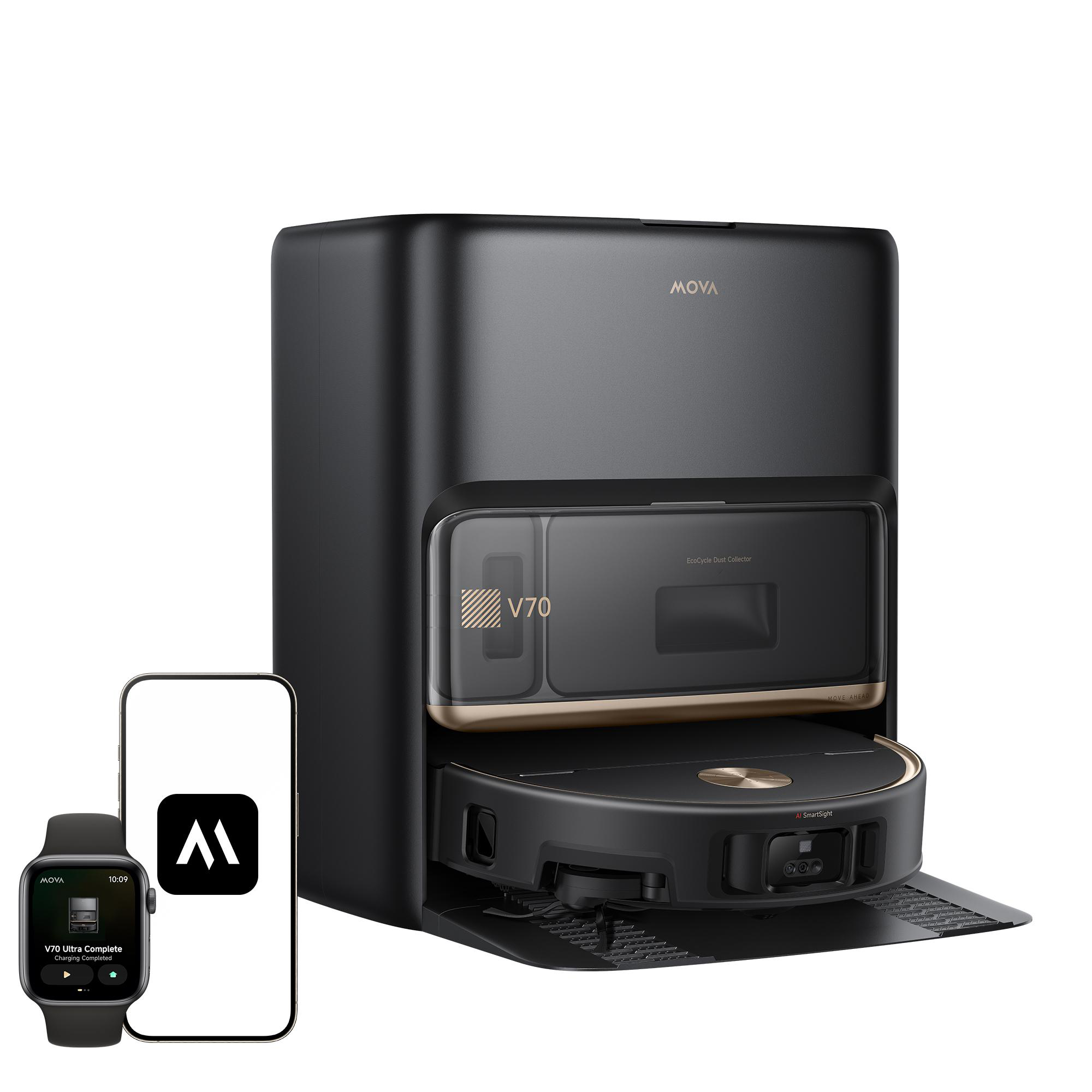 Schwarze Mova V70 Roboterstaubsauger-Basisstation mit angedocktem Roboter, verbunden mit Smartphone und Smartwatch.