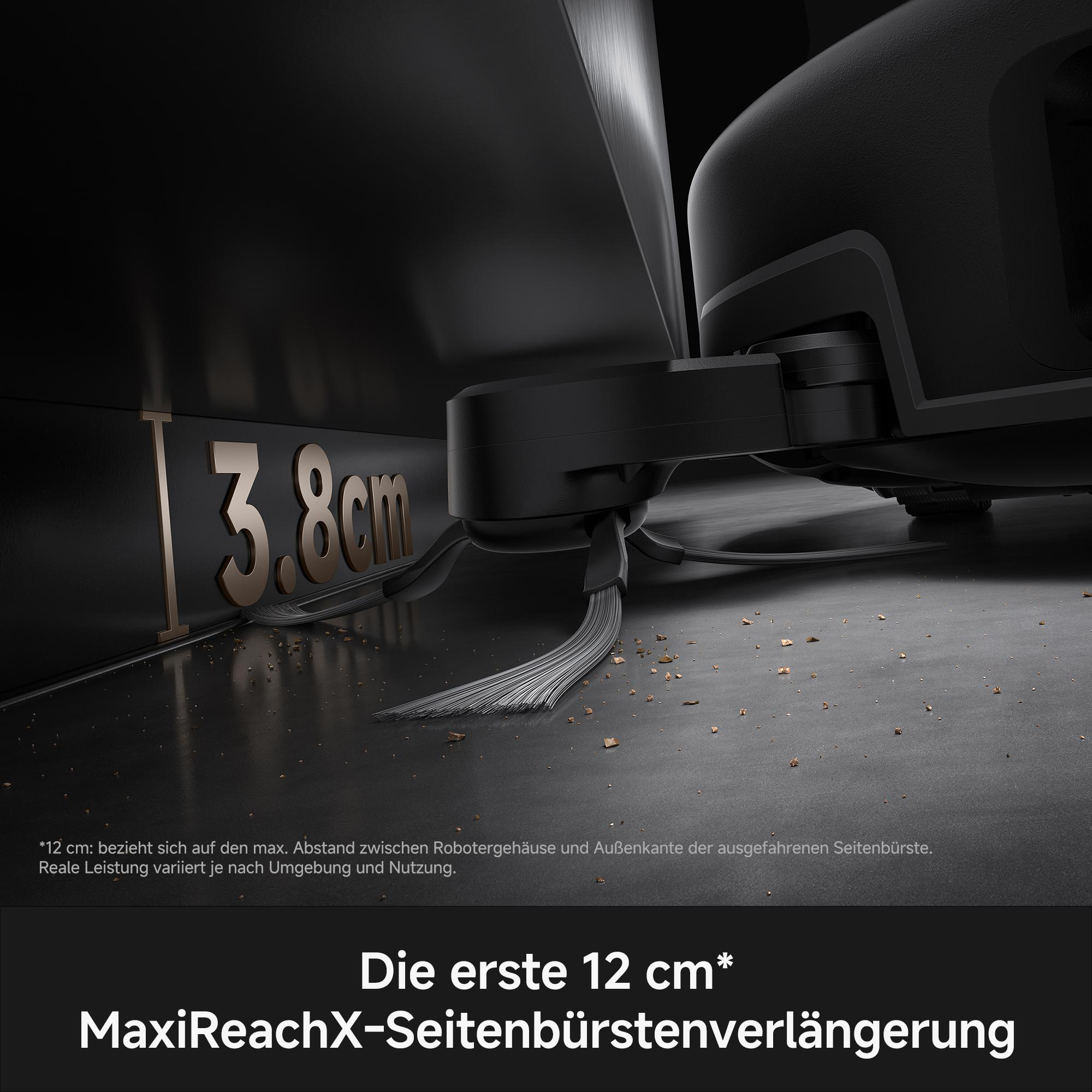 Ein Saugroboter reinigt unter Möbeln mit einer 3.8 cm Lücke und ausgefahrener Seitenbürste.