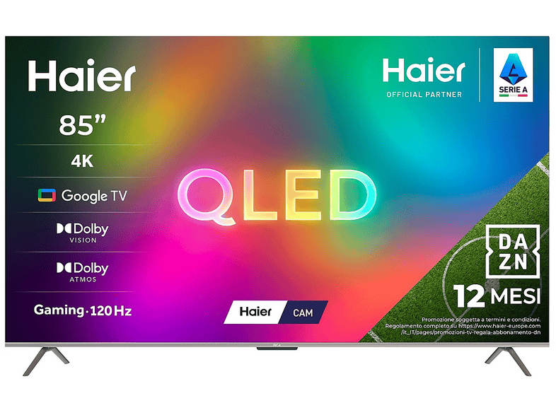 Haier H85Q80FUX, Smart TV QLED 85" 4K, Google TV, Dolby Vision & Atmos, HDMI 2.1, Abbonamento DAZN Full 12 mesi incluso