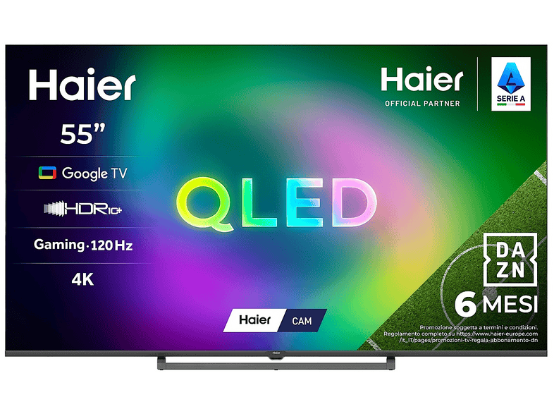 HAIER H55S80GUX TV QLED, SMART 55", Black, Abbonamento DAZN Full 6 mesi incluso