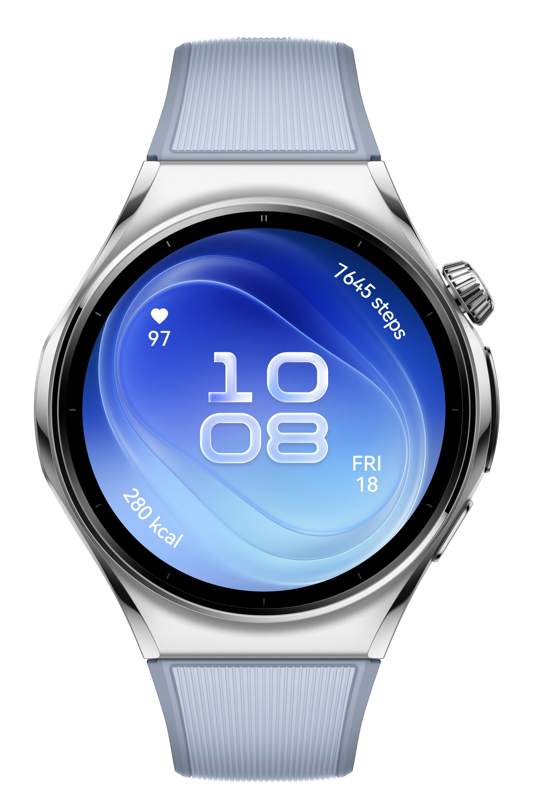 Srebrny smartwatch z niebieskim ekranem pokazującym godzinę 10:08, datę, kroki i tętno.