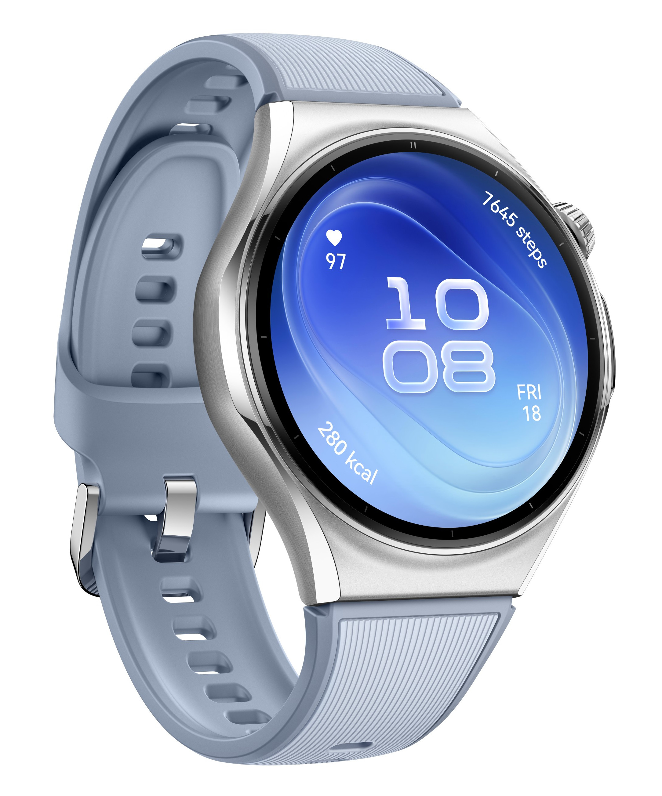 Srebrny smartwatch z niebieskim silikonowym paskiem i ekranem pokazującym godzinę, tętno, kalorie i kroki.