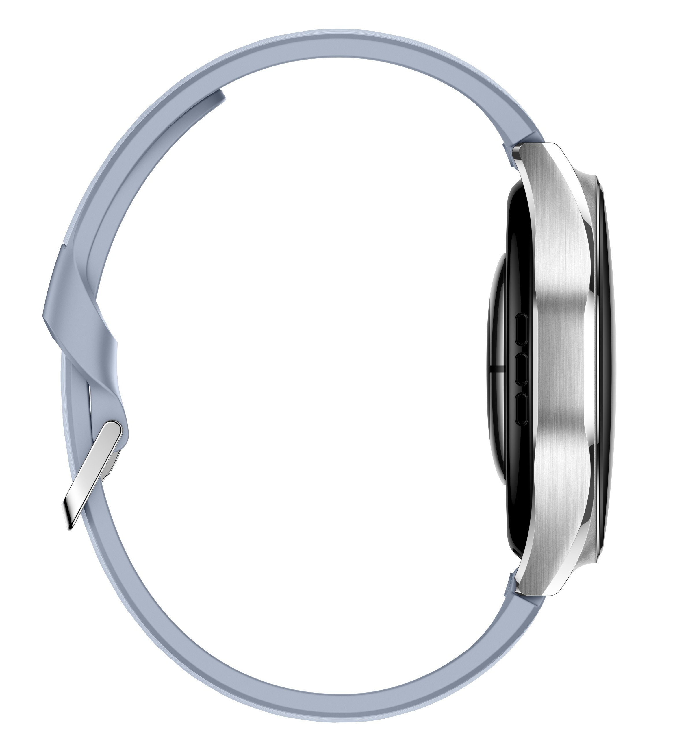 Srebrny smartwatch z szarym silikonowym paskiem widziany z boku na białym tle.
