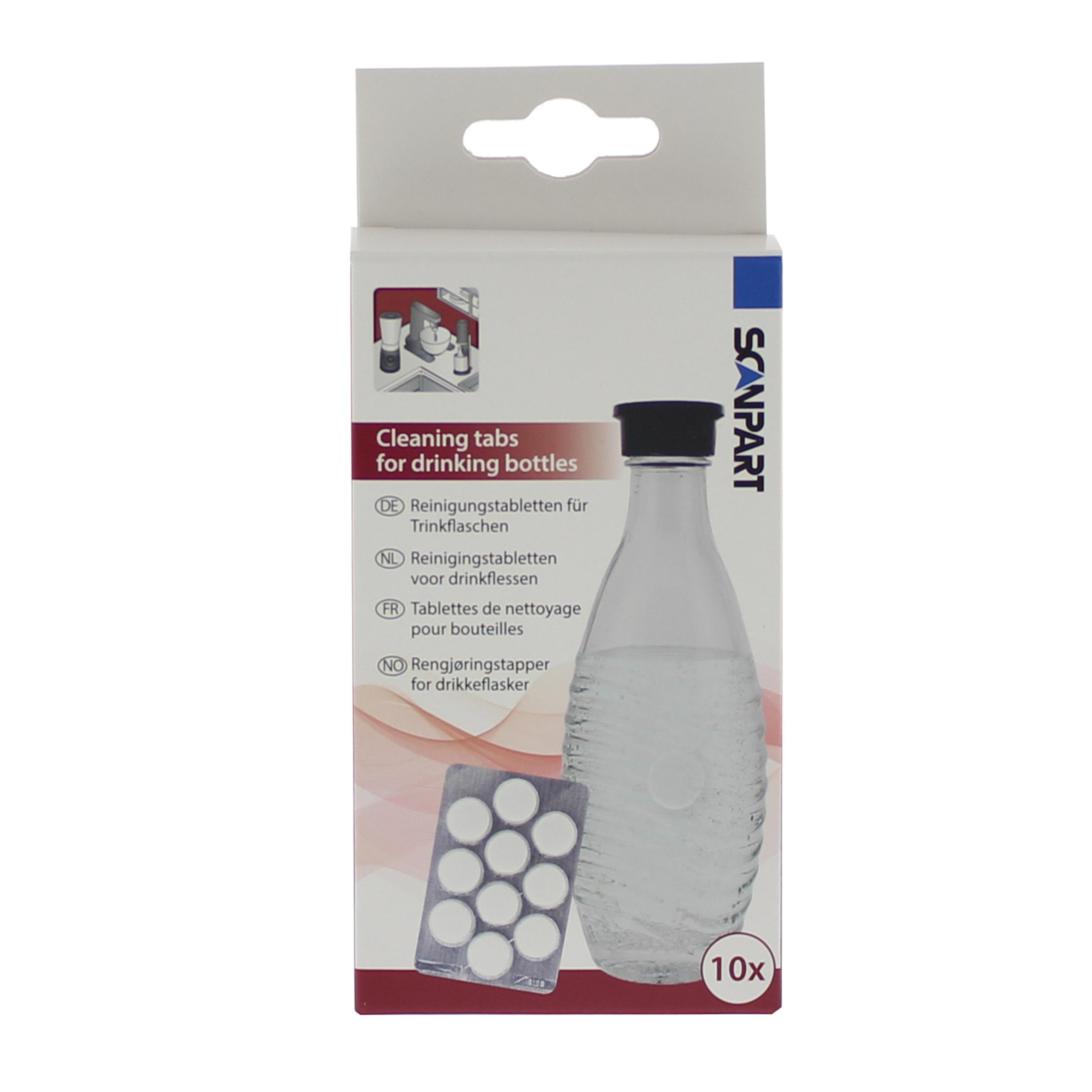 Scanpart-Reinigungstabletten für Trinkflaschen in einer weißen Verpackung mit Flaschen- und Tablettenabbildung.
