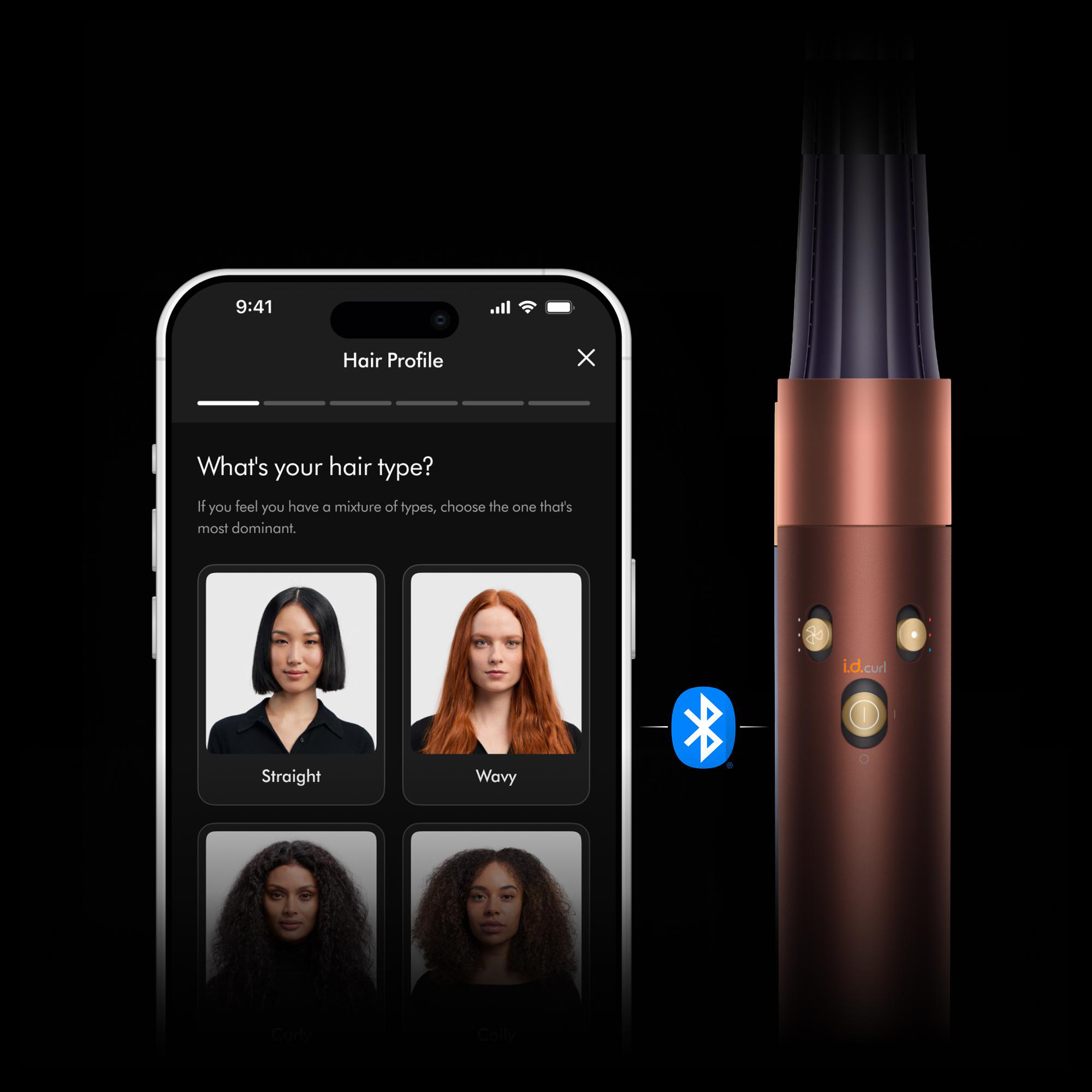 Ein Smartphone zeigt eine Haarprofil-App, daneben ein Bluetooth-Symbol und ein i.d.curl-Haarstyling-Gerät.