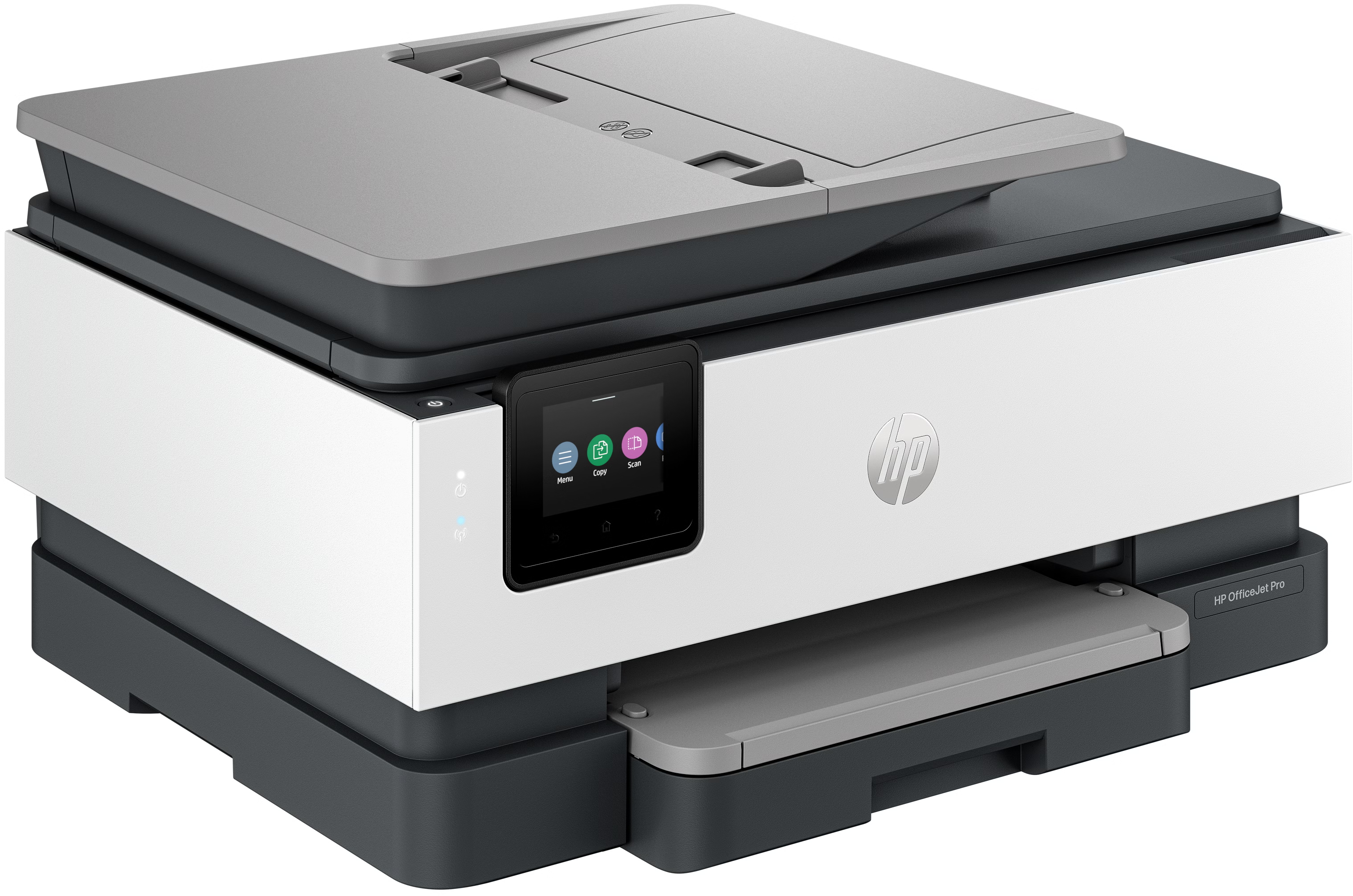 Ein weiß-schwarzer HP OfficeJet Pro Drucker mit einem kleinen Touchscreen-Display und Papiereinzug oben.