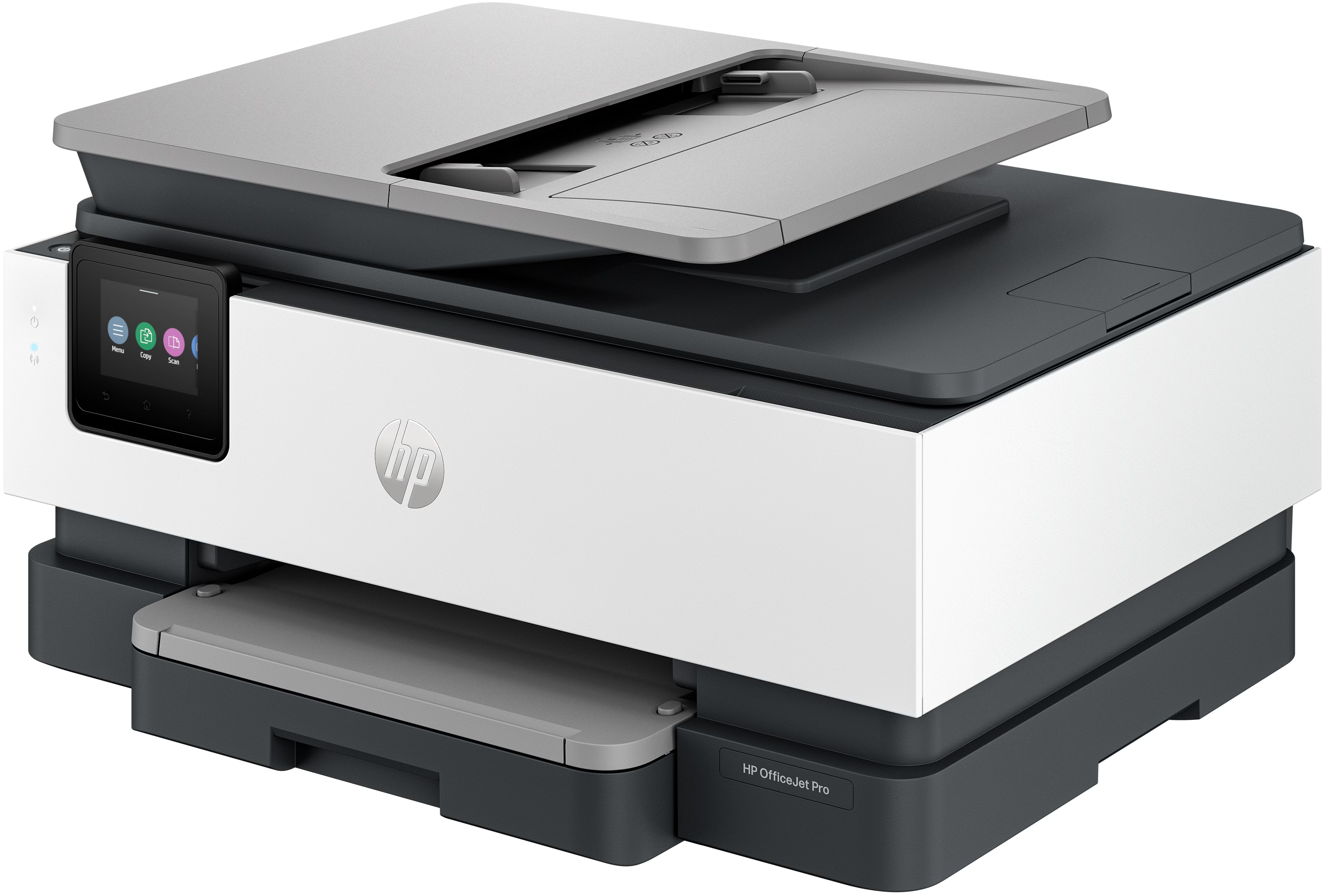 Ein moderner weißer und dunkelgrauer HP OfficeJet Pro Drucker mit Touchscreen-Display und Papierfächern.