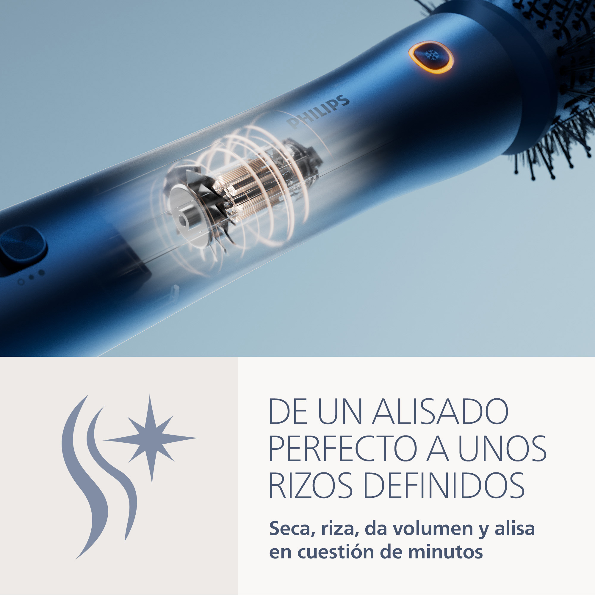 Moldeador - Philips Aqua Edition 9000 BHA956/00, Aqua SenseIQ, alta velocidad, 4 accesorios para secar, alisar, dar volumen y rizar, azul oscuro