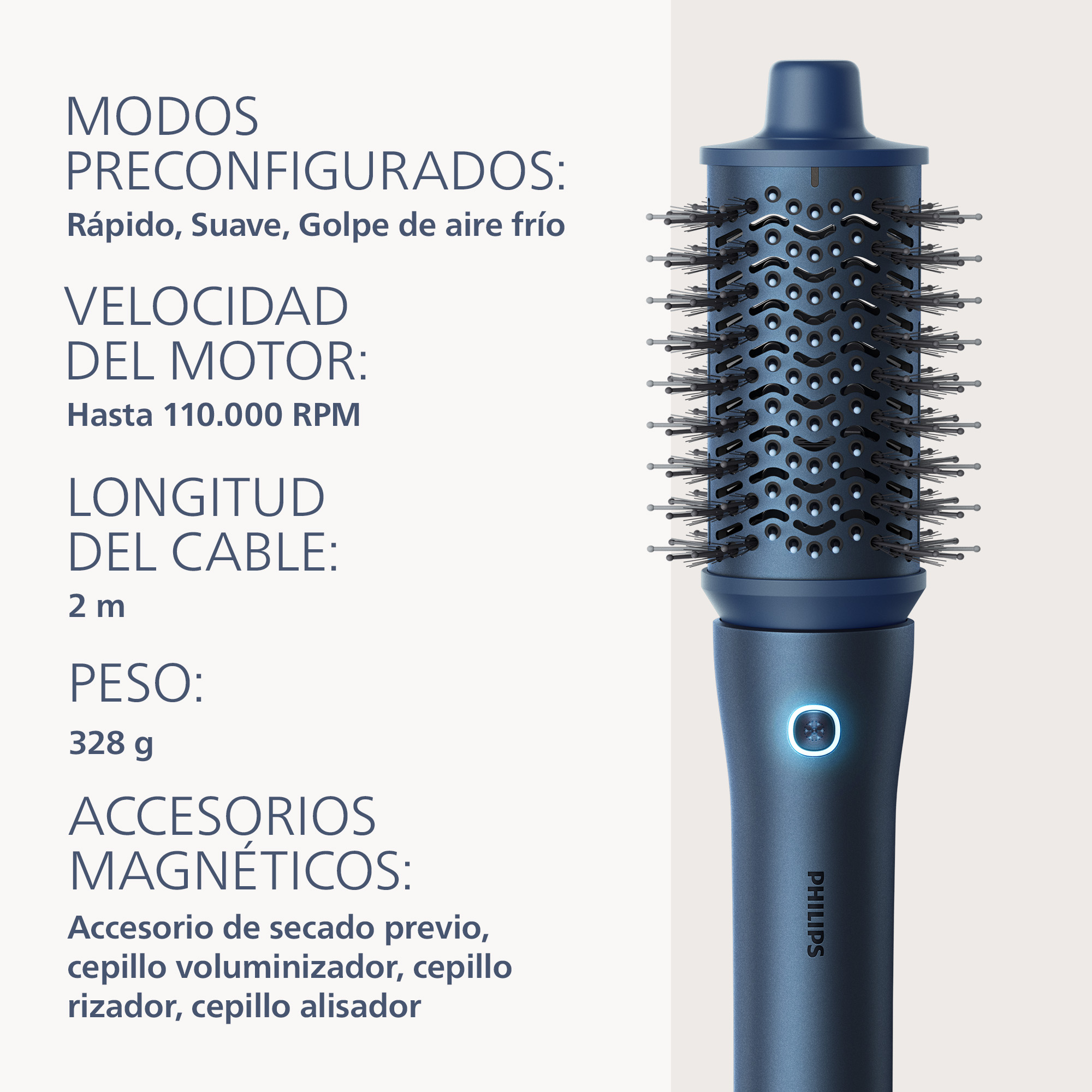 Moldeador - Philips Aqua Edition 9000 BHA956/00, Aqua SenseIQ, alta velocidad, 4 accesorios para secar, alisar, dar volumen y rizar, azul oscuro