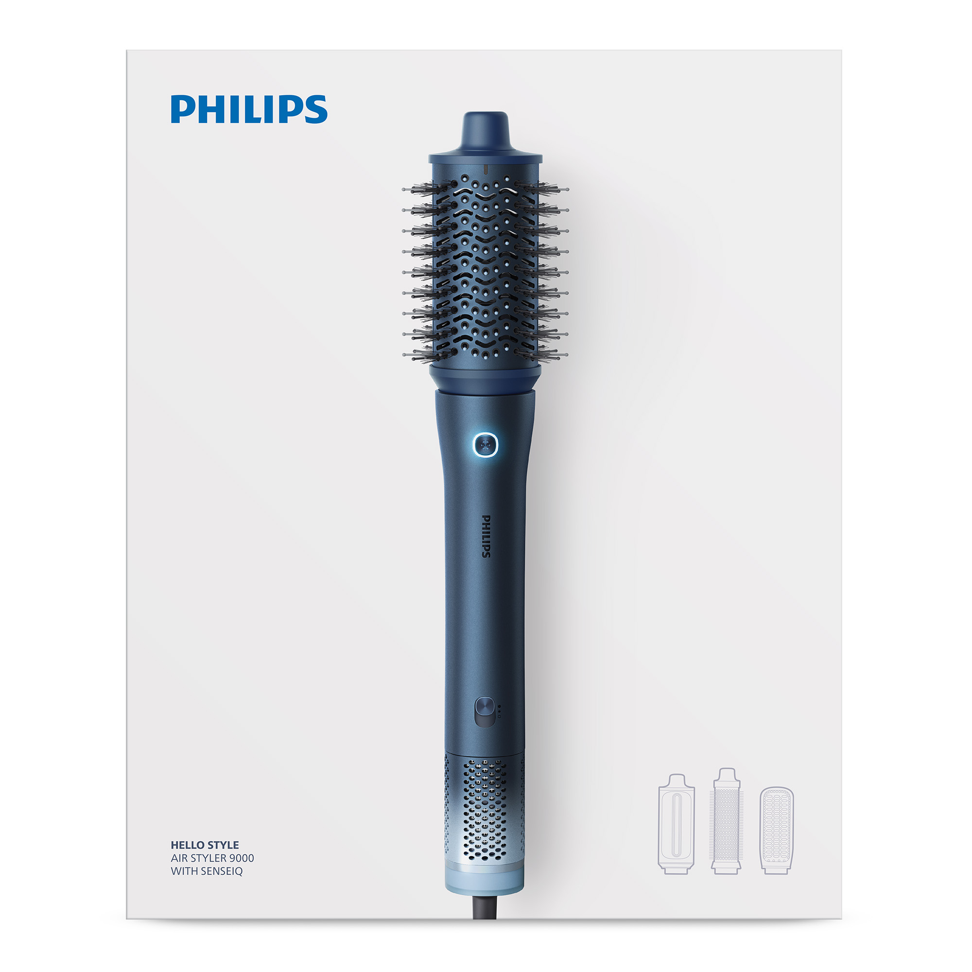 Moldeador - Philips Aqua Edition 9000 BHA956/00, Aqua SenseIQ, alta velocidad, 4 accesorios para secar, alisar, dar volumen y rizar, azul oscuro