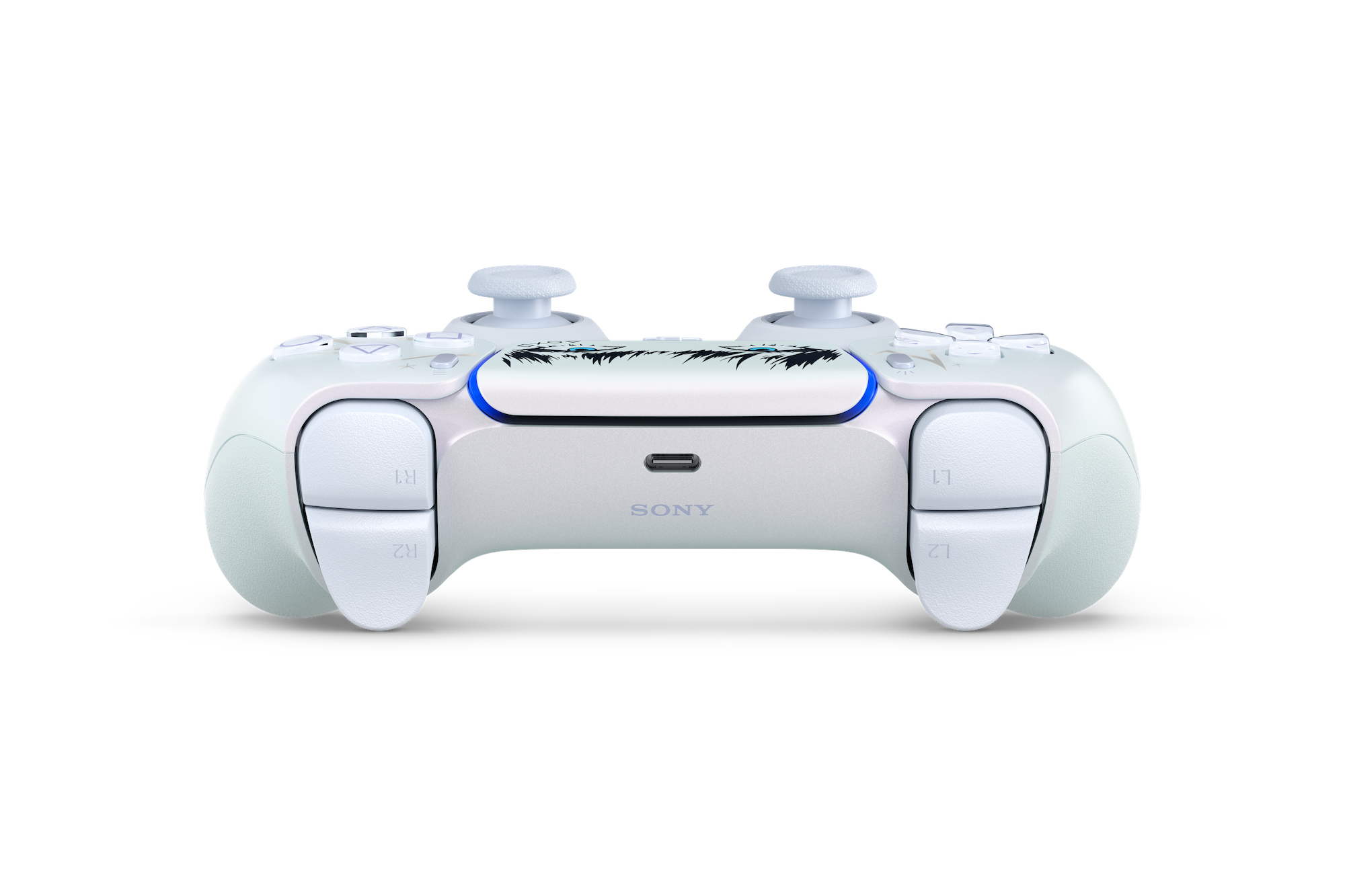 Ein weißer Gamecontroller von oben mit Triggern, Joysticks und Sony-Logo.