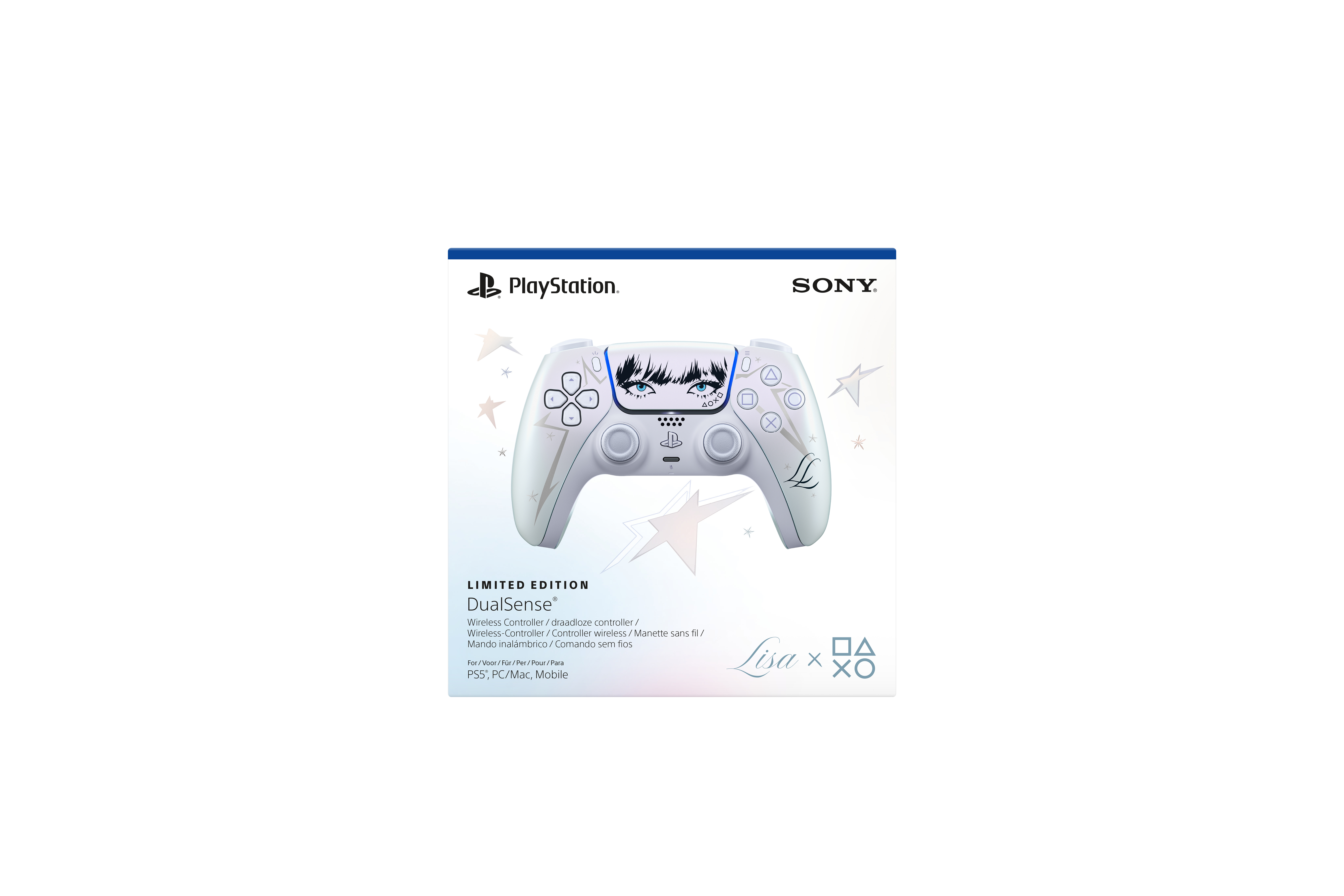 Eine limitierte DualSense Wireless-Controller-Box mit Lisa-Design, Sternen und PlayStation-Logo.