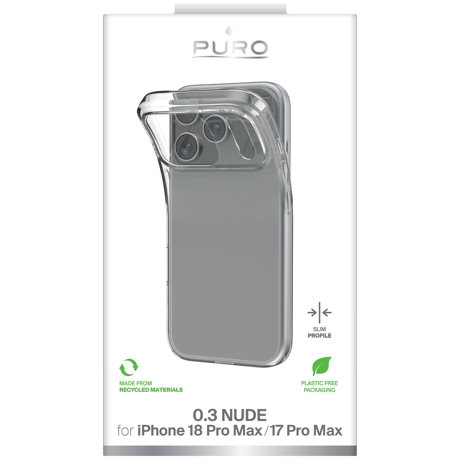 Emballage pour coque Puro 0.3 Nude iPhone, avec coque transparente et symboles écologiques.