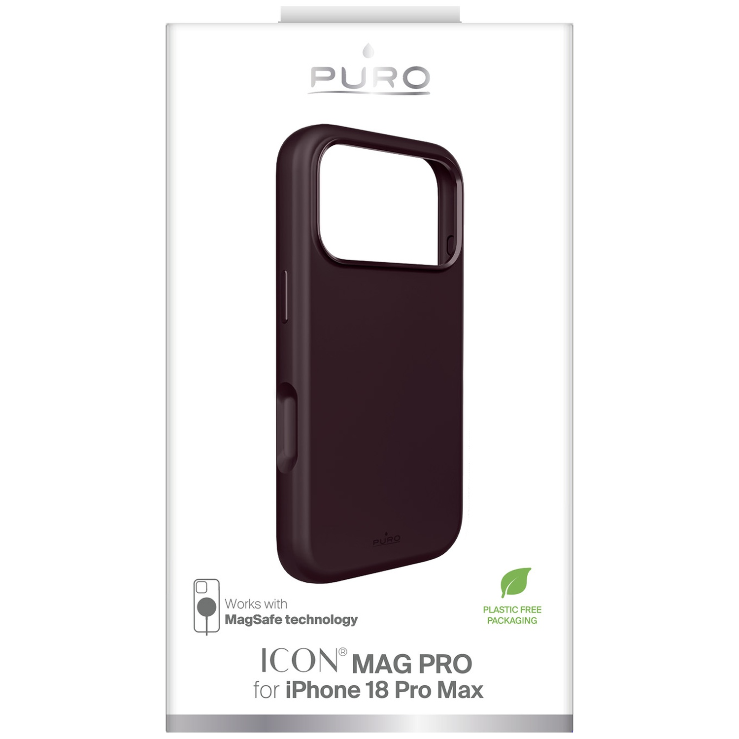 Dark purple Puro Icon Mag Pro phone case for iPhone 18 Pro Max in white packaging.