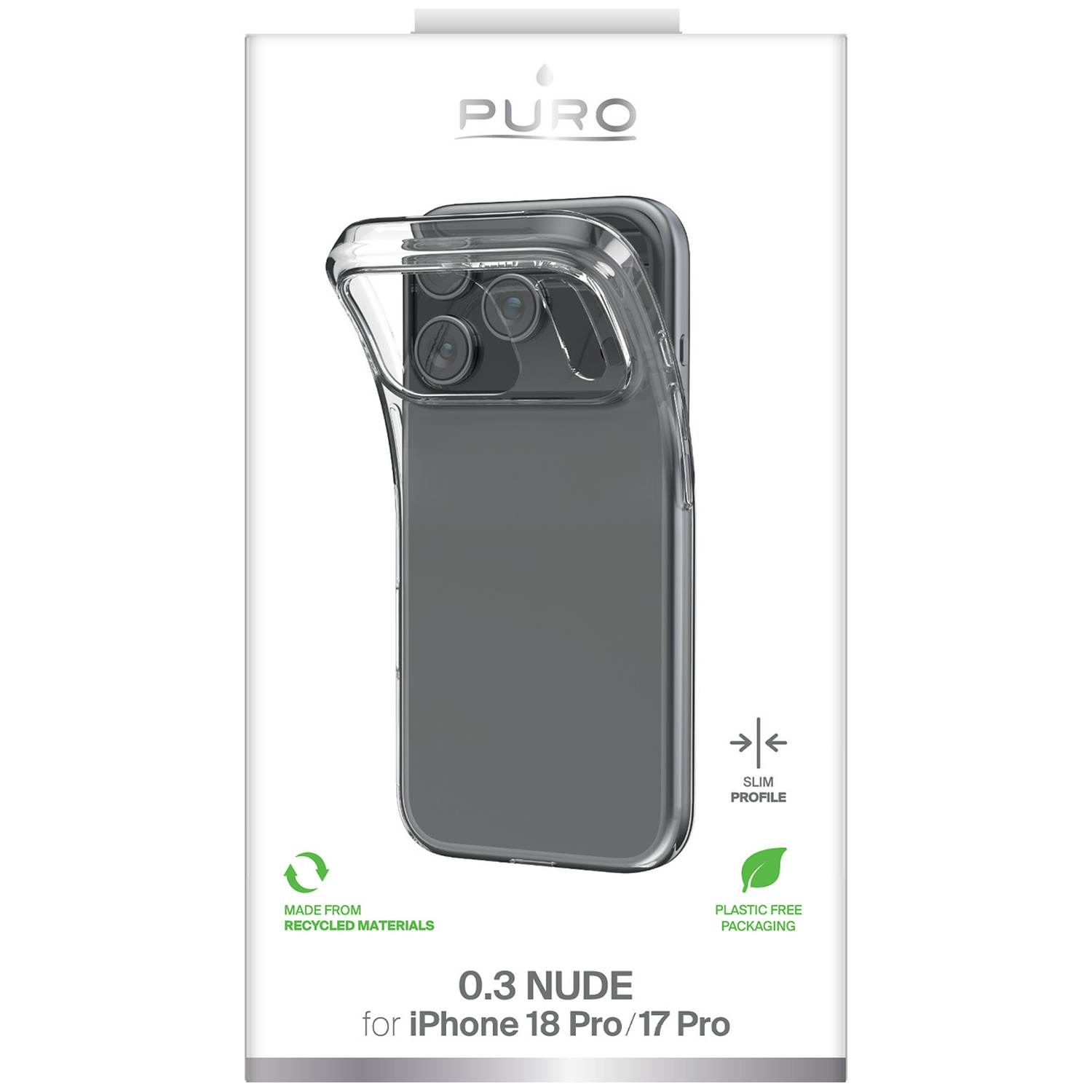 Coque transparente PURO 0.3 Nude dans son emballage pour iPhone 18 Pro/17 Pro.