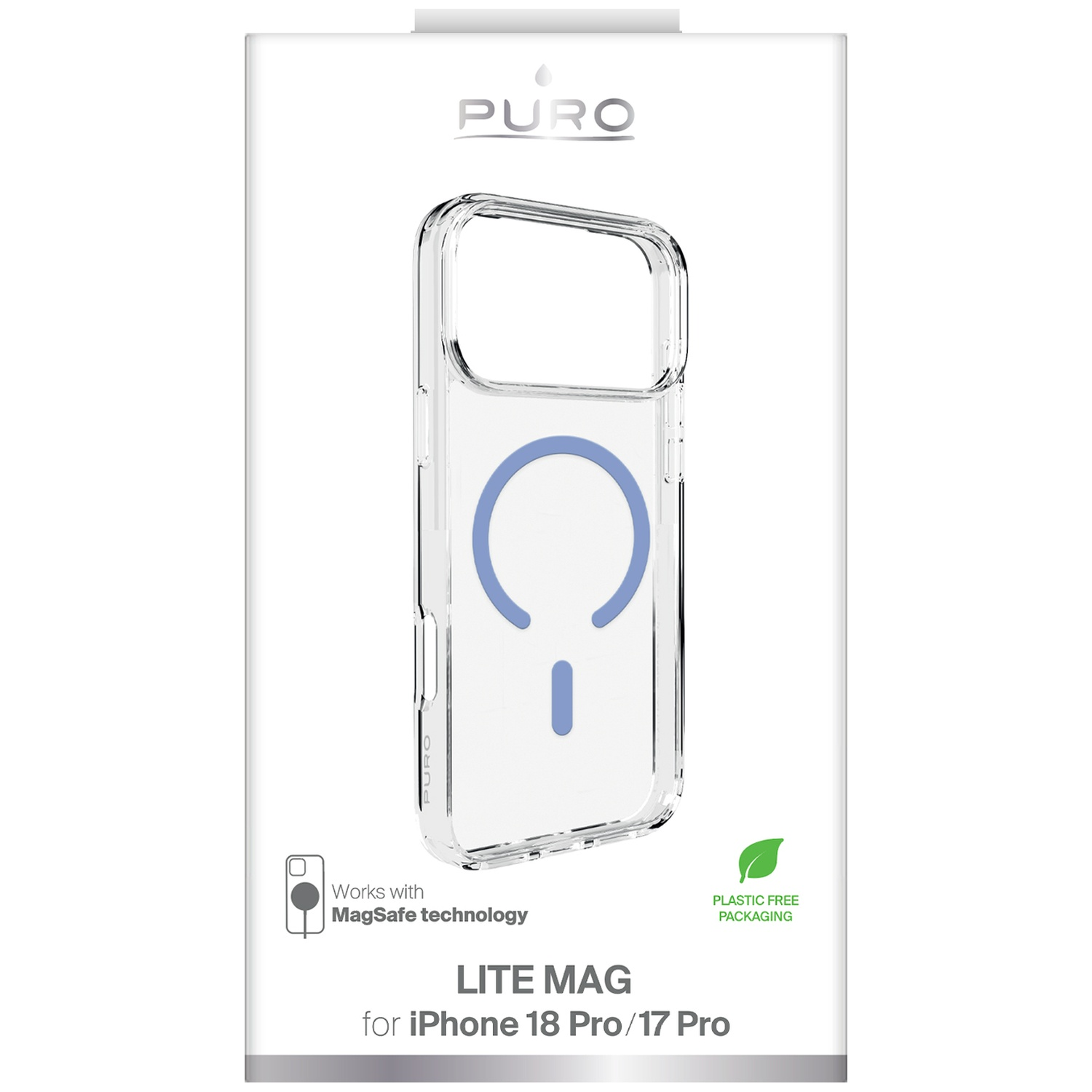 Packaging for a transparent Puro Lite Mag phone case with MagSafe technology for iPhone 18 Pro/17 Pro.