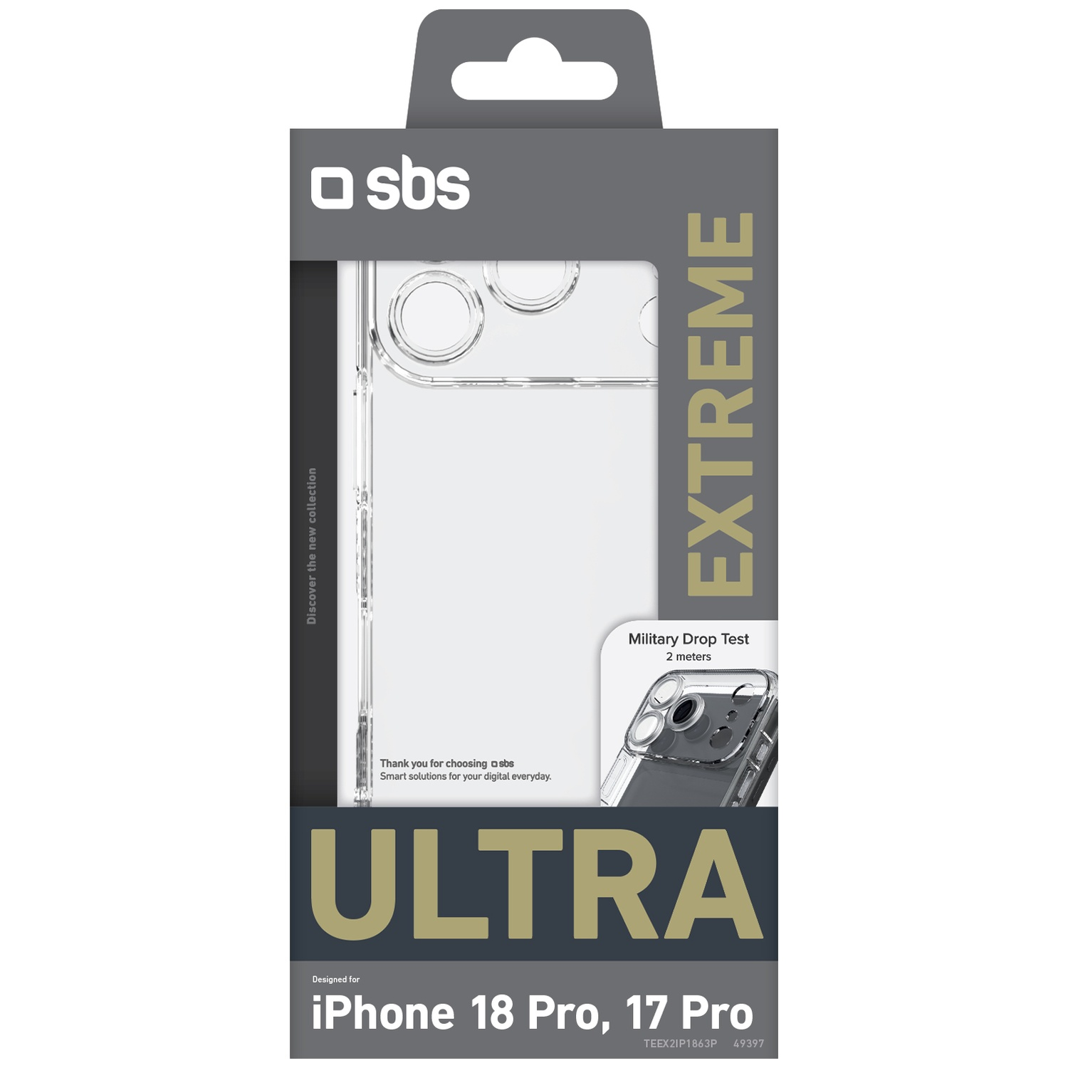 Packaging for a transparent iPhone 18 Pro and 17 Pro protective case with Ultra Extreme text.