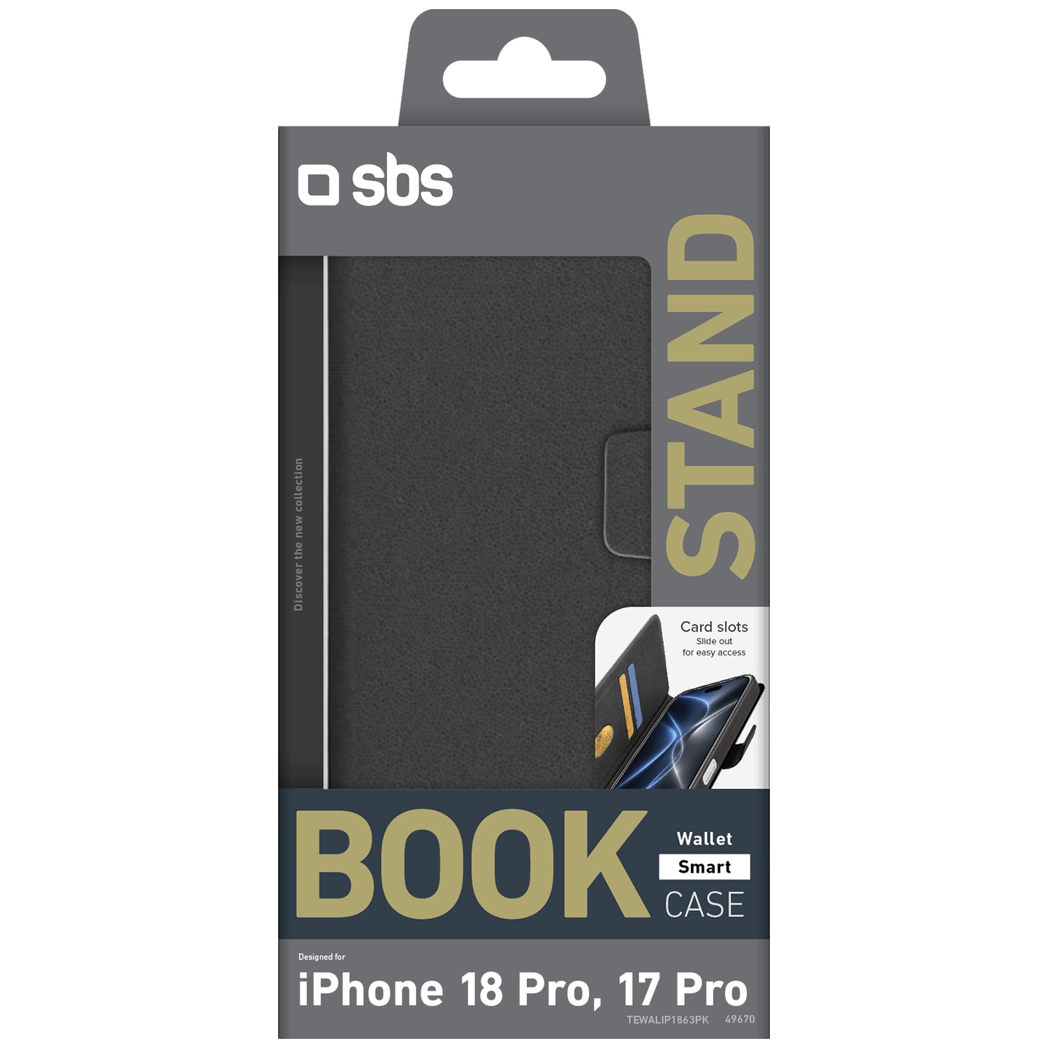Packaging for a black SBS book case for iPhone 18 Pro and 17 Pro featuring a stand function and card slots.