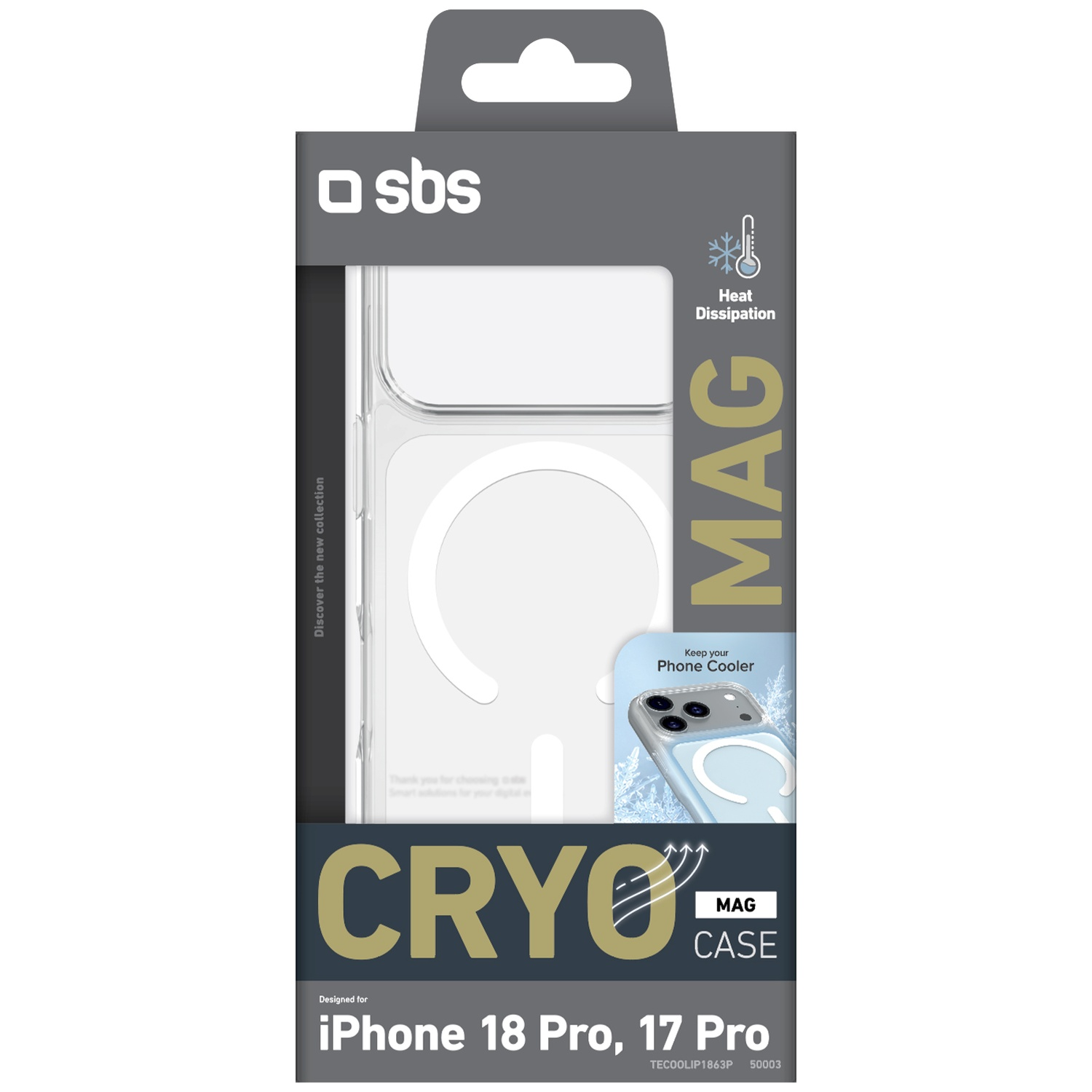Emballage gris et blanc SBS Cryo Mag Case pour iPhone 18 Pro et 17 Pro avec icône de dissipation thermique.