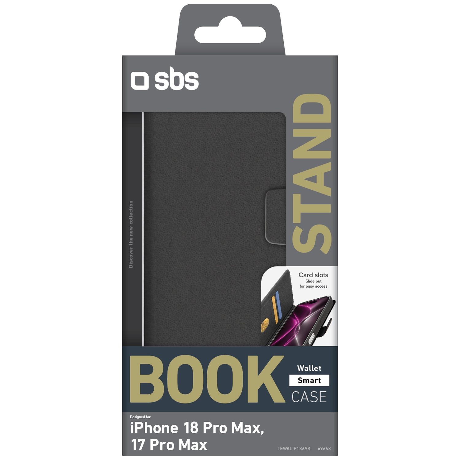 Product packaging for a black SBS Book Stand Wallet Case phone cover for iPhone 18 Pro Max.
