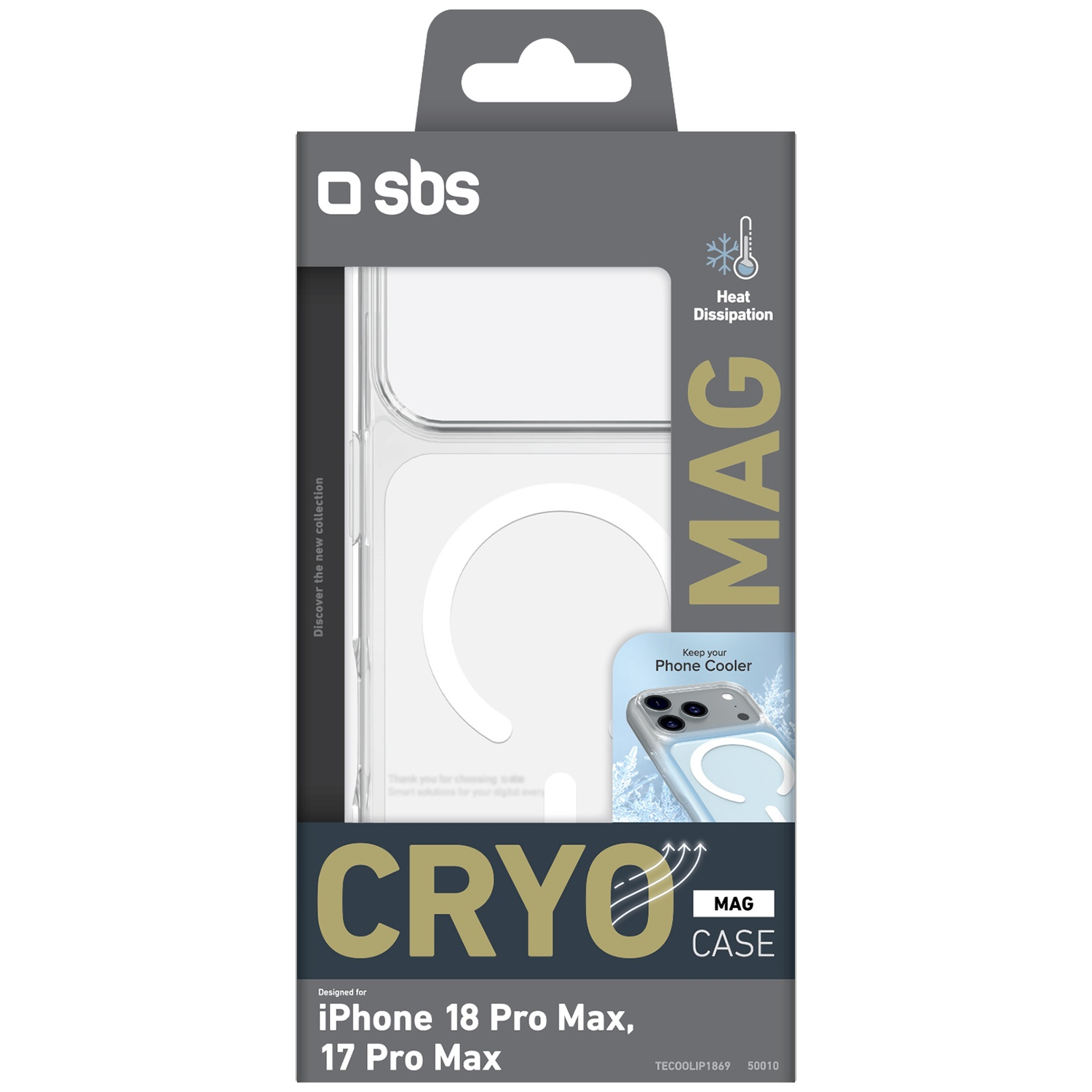Emballage pour étui SBS Cryo Mag, compatible iPhone 17 et 18 Pro Max, avec dissipation thermique.