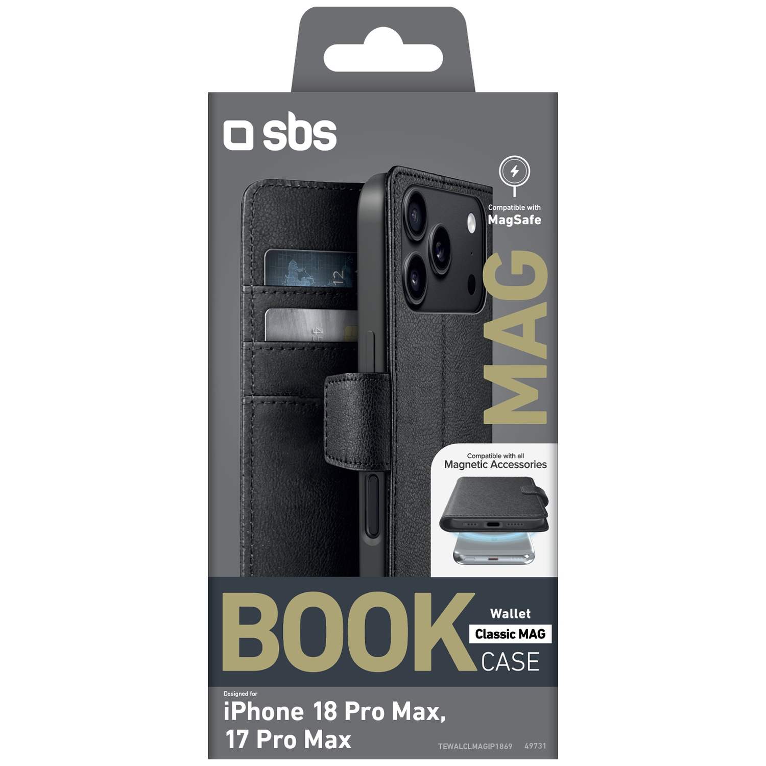 Packaging for a black SBS Book Wallet Classic MAG case, compatible with iPhone 18 Pro Max and 17 Pro Max.