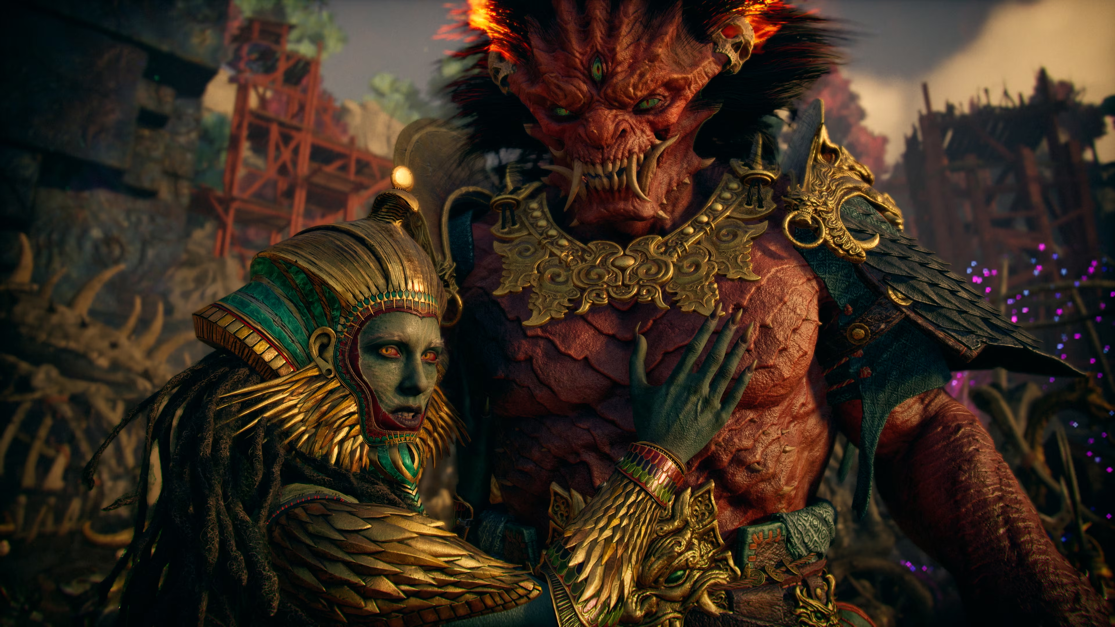 Eine grüne Kreatur im goldenen Helm umarmt ein großes, rotes Monster mit Hörnern.
