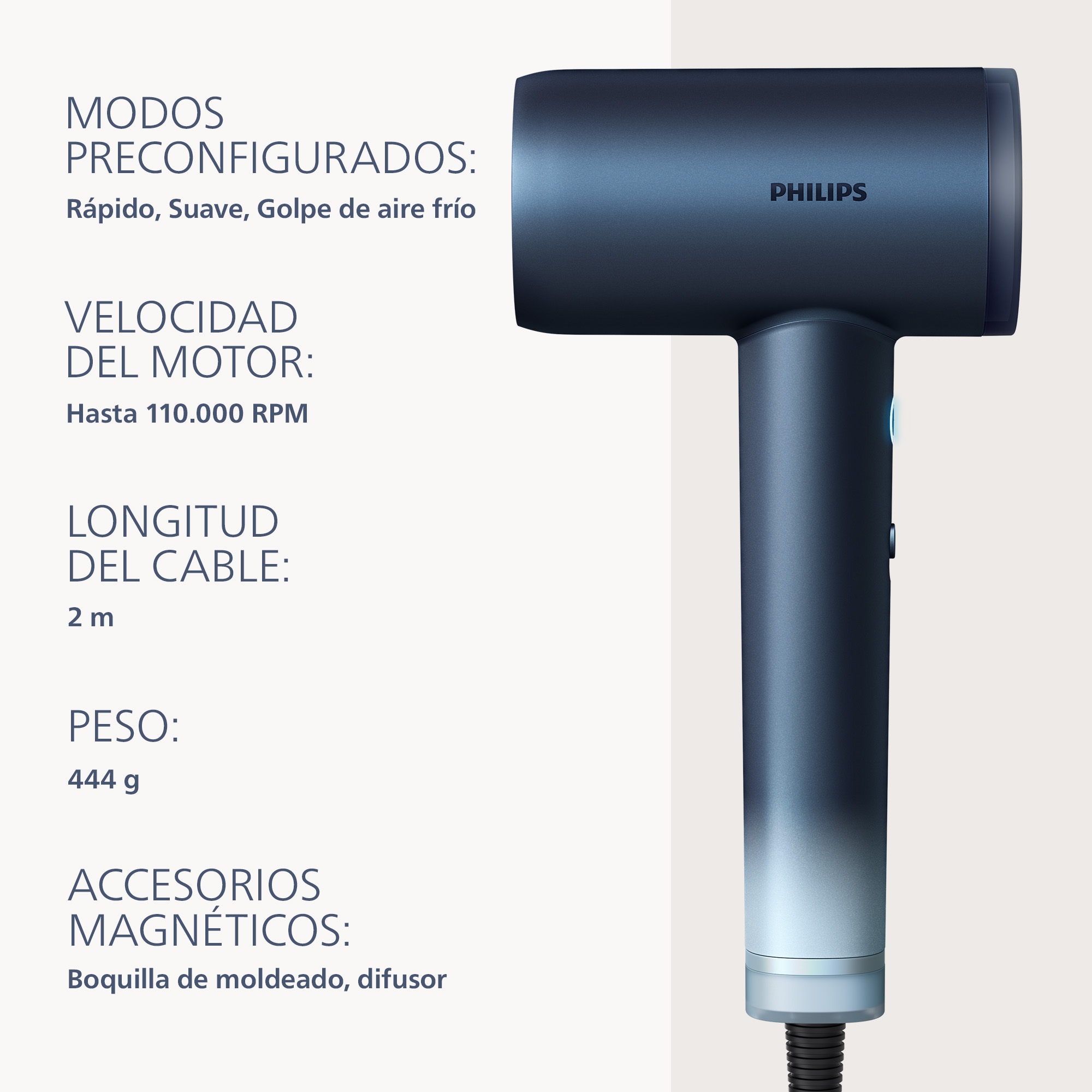 Secador - Philips Aqua Edition 9000 BHD956/10, 1400 W, 3 temperaturas, 3 velocidades, Aqua SenseIQ, alta velocidad, difusor, concentrador, azul oscuro