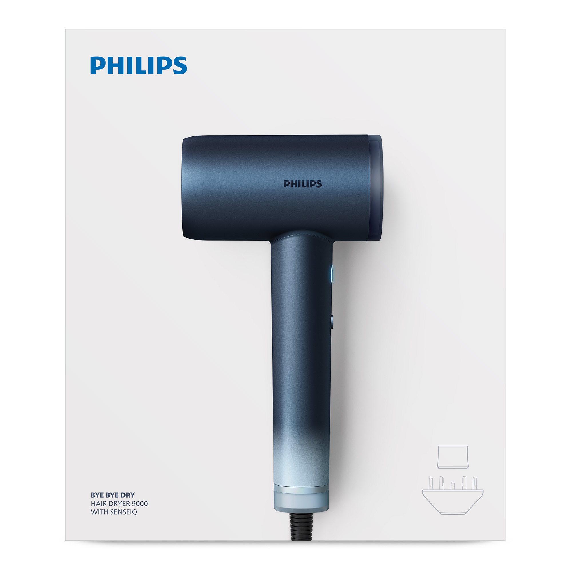 Secador - Philips Aqua Edition 9000 BHD956/10, 1400 W, 3 temperaturas, 3 velocidades, Aqua SenseIQ, alta velocidad, difusor, concentrador, azul oscuro