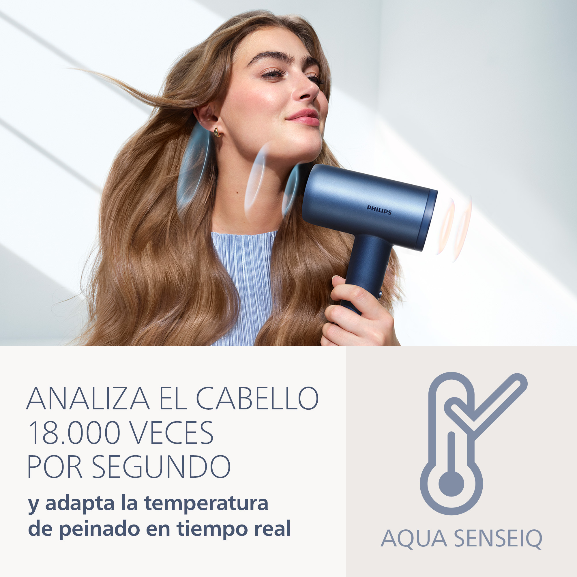 Secador - Philips Aqua Edition 9000 BHD956/10, 1400 W, 3 temperaturas, 3 velocidades, Aqua SenseIQ, alta velocidad, difusor, concentrador, azul oscuro
