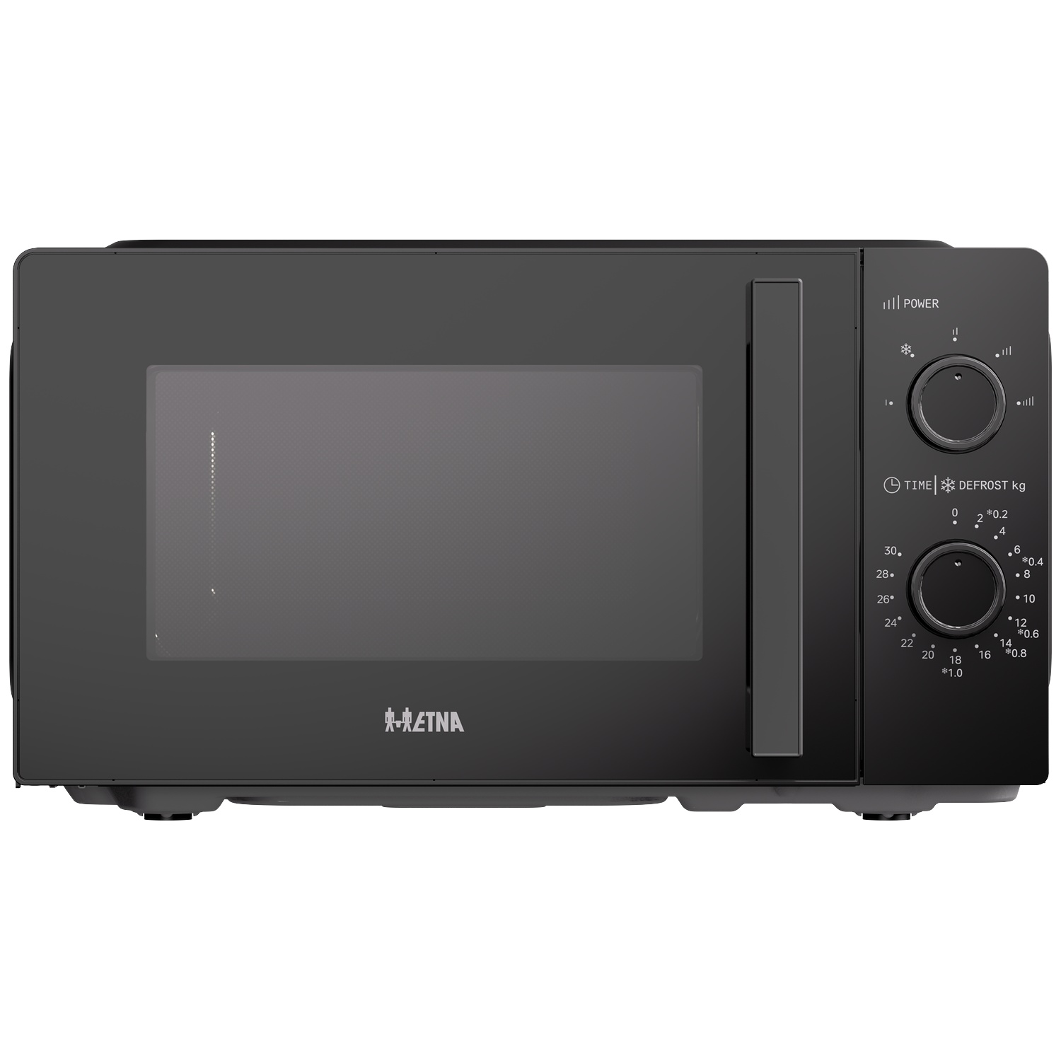 Black microwave with two rotary knobs and door handle on a white background.