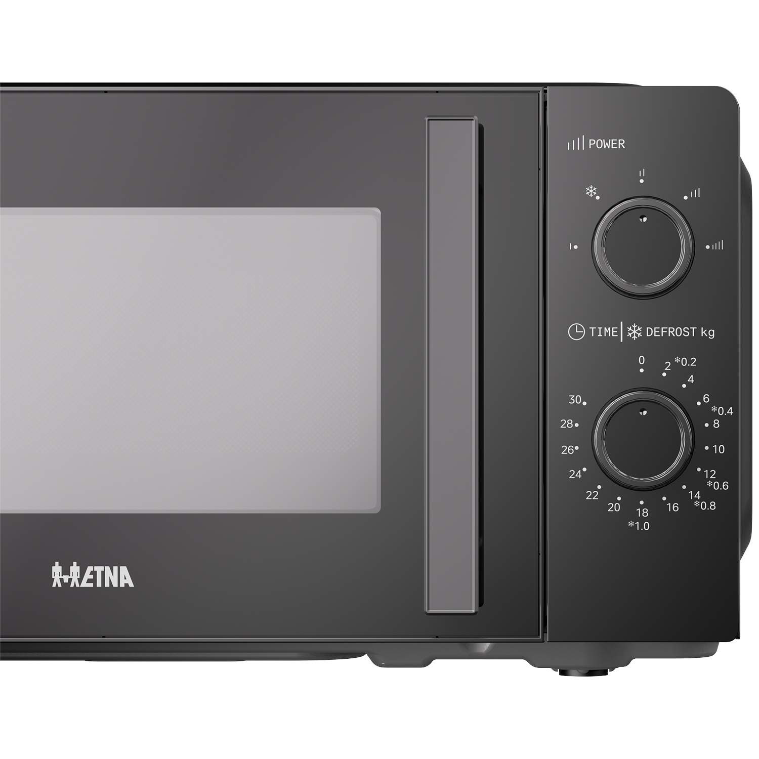 Black microwave featuring two rotary dials for power and time, with the Etna logo on the door.