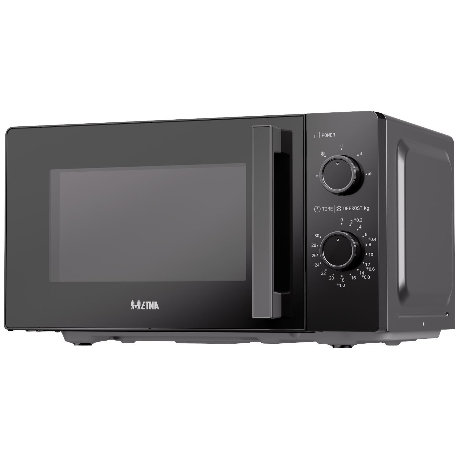 Black microwave with two rotary knobs for power and time.
